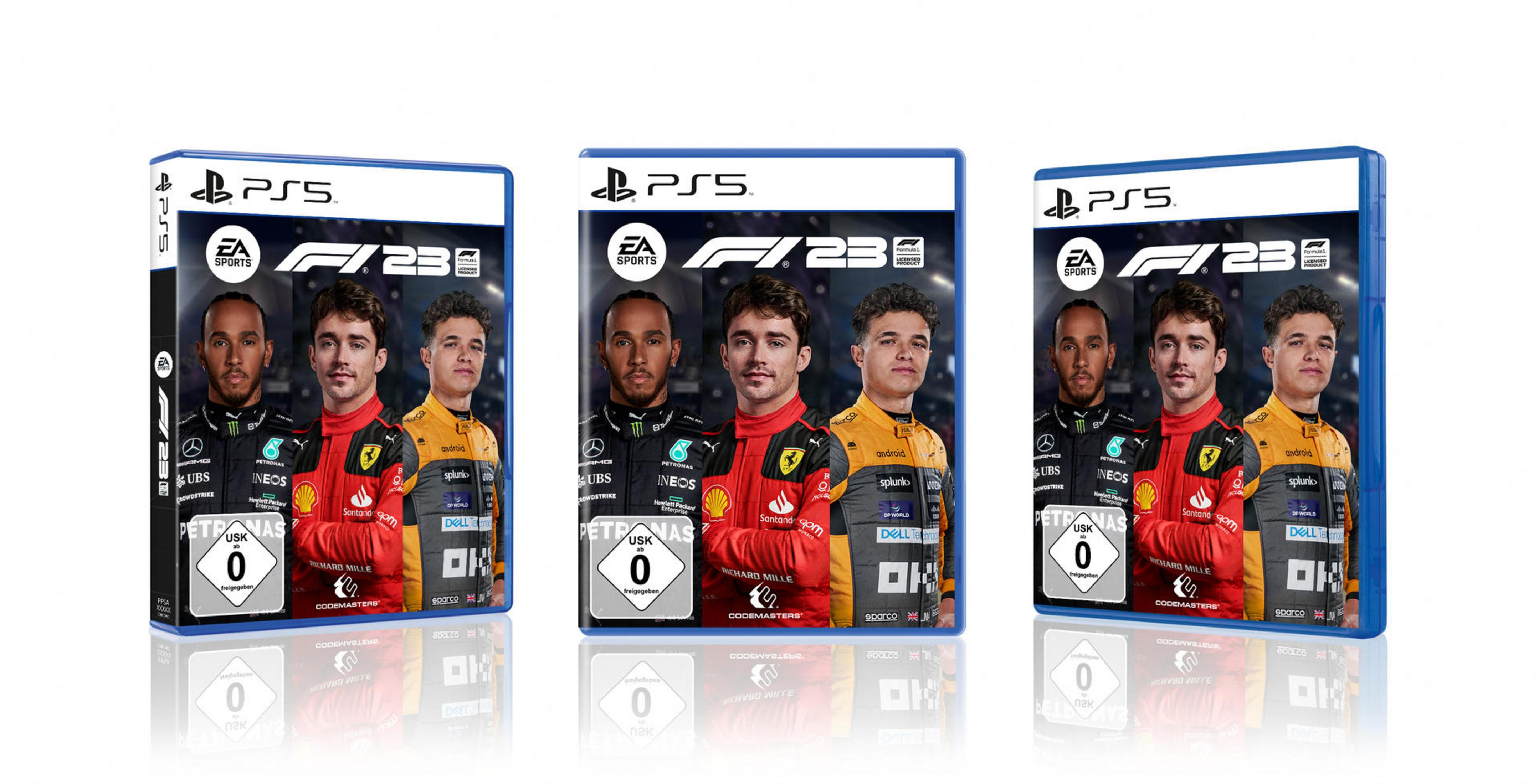Drei PS5-Spielboxen für F1 23 mit Fahrern. Blaue Boxen und weißer Hintergrund.
