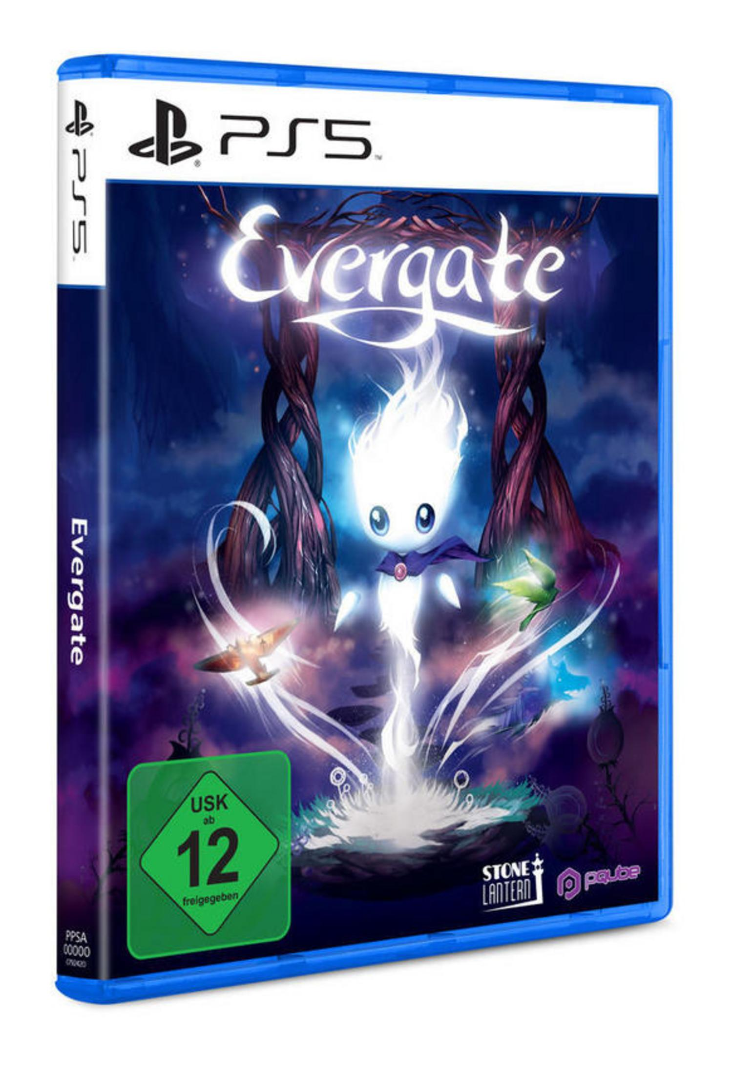 PS5-Spielhülle für Evergate, mit einem weißen geisterhaften Charakter auf dem Cover.