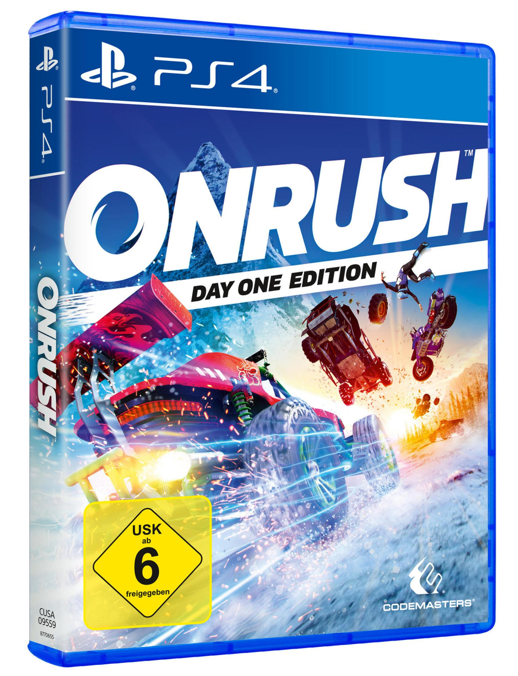 ONRUSH Day One Edition Spielbox, mit blauem Rand. Zeigt Autos und springende Leute.