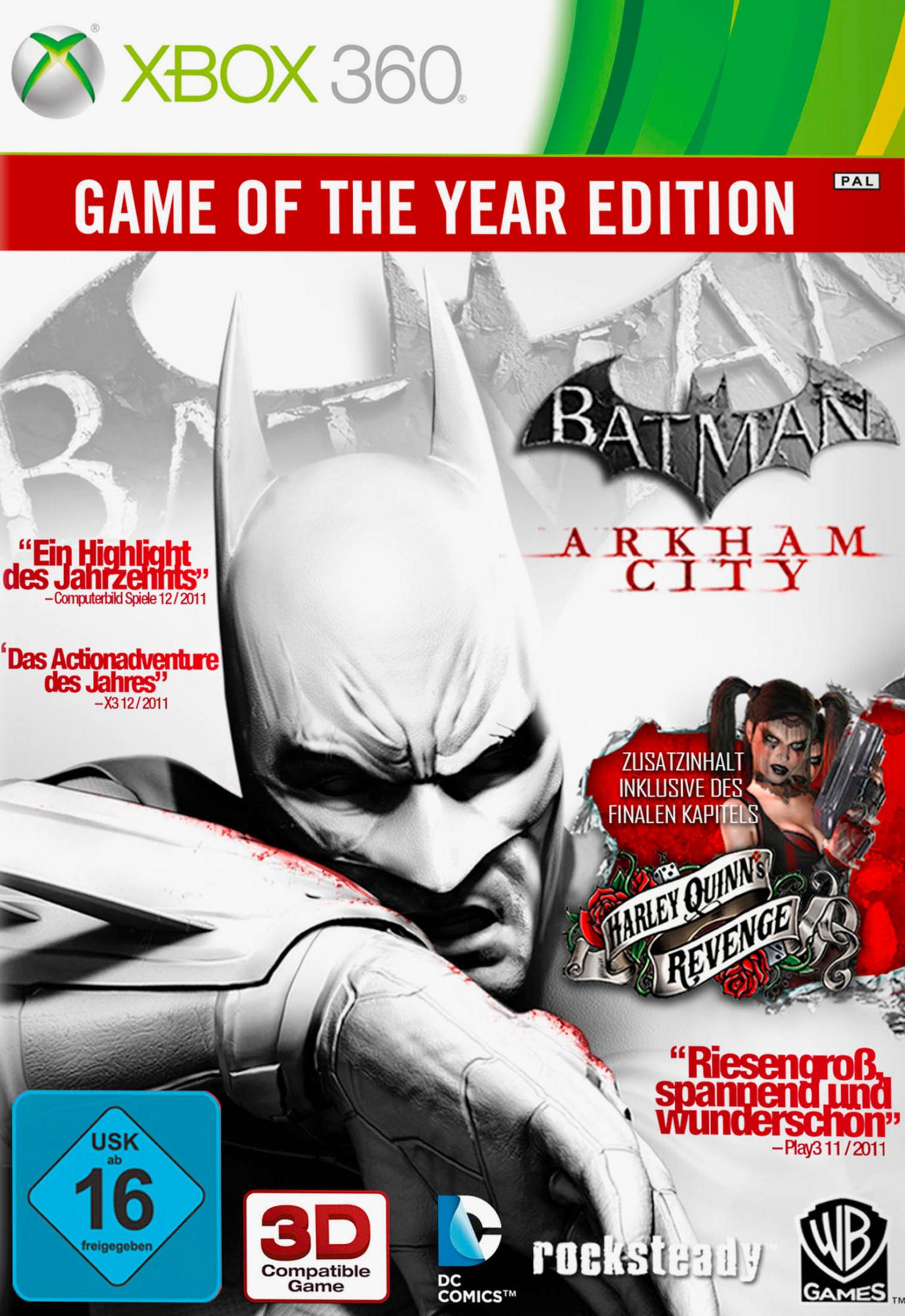 XBOX 360-Spielbox: Batman Arkham City. Batman im Fokus, Harley Quinn-Kunst. Verschiedener Text. Weißer Hintergrund.