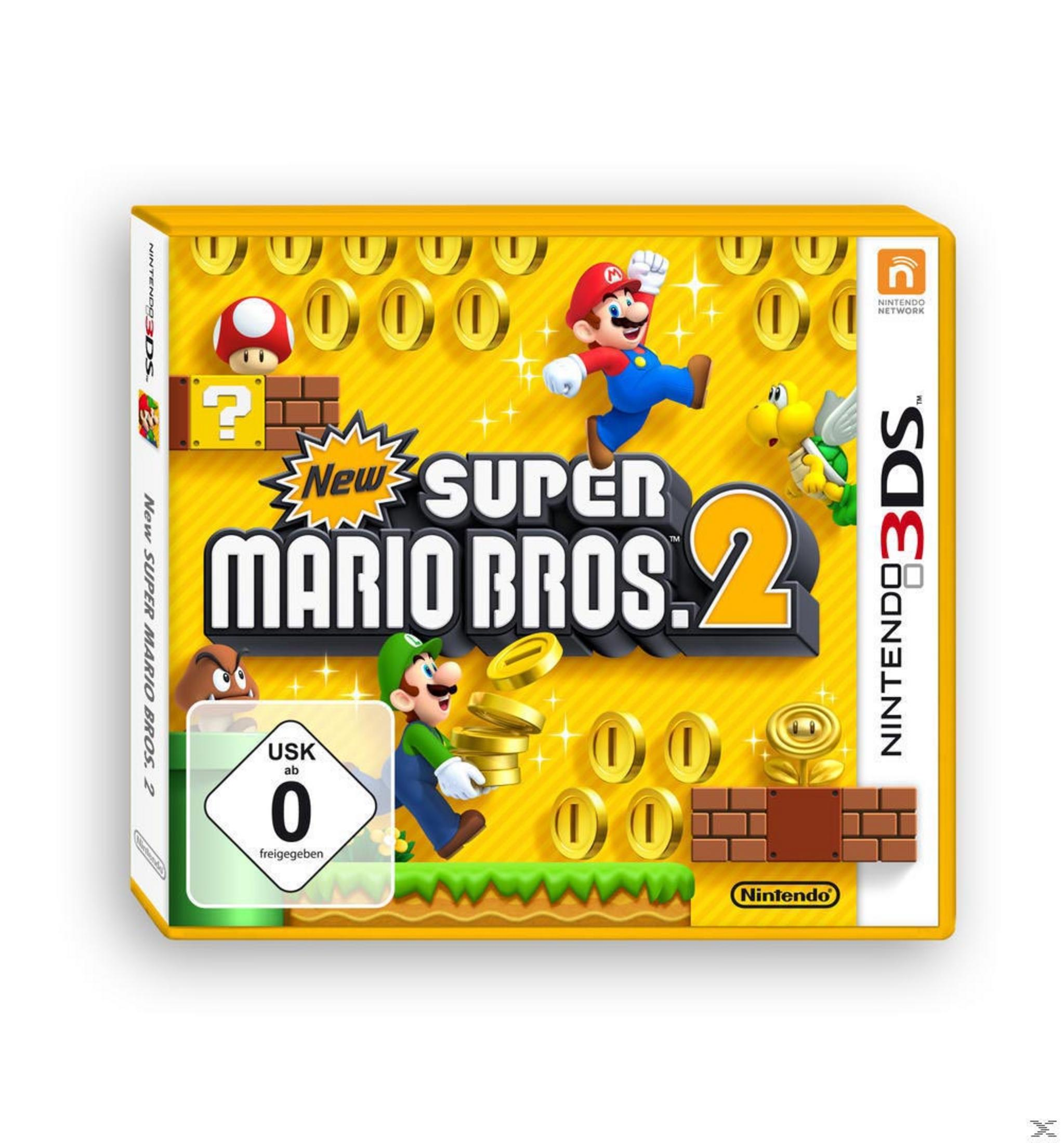 New Super Mario Bros. 2 Spielebox. Sie zeigt Mario, Luigi, Münzen und ein grünes Level.