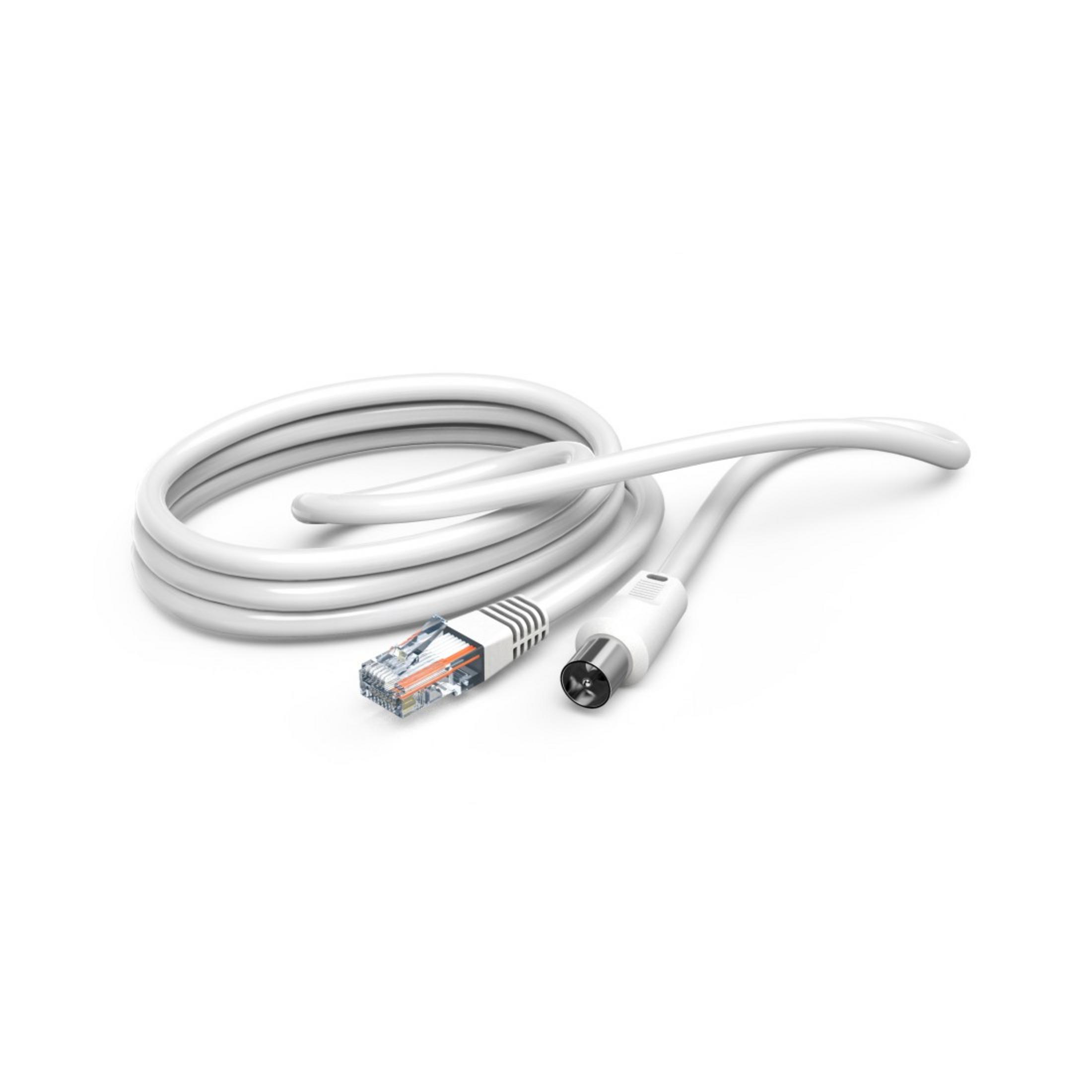 Biały kabel sieciowy z dwoma złączami. Tło jest białe.