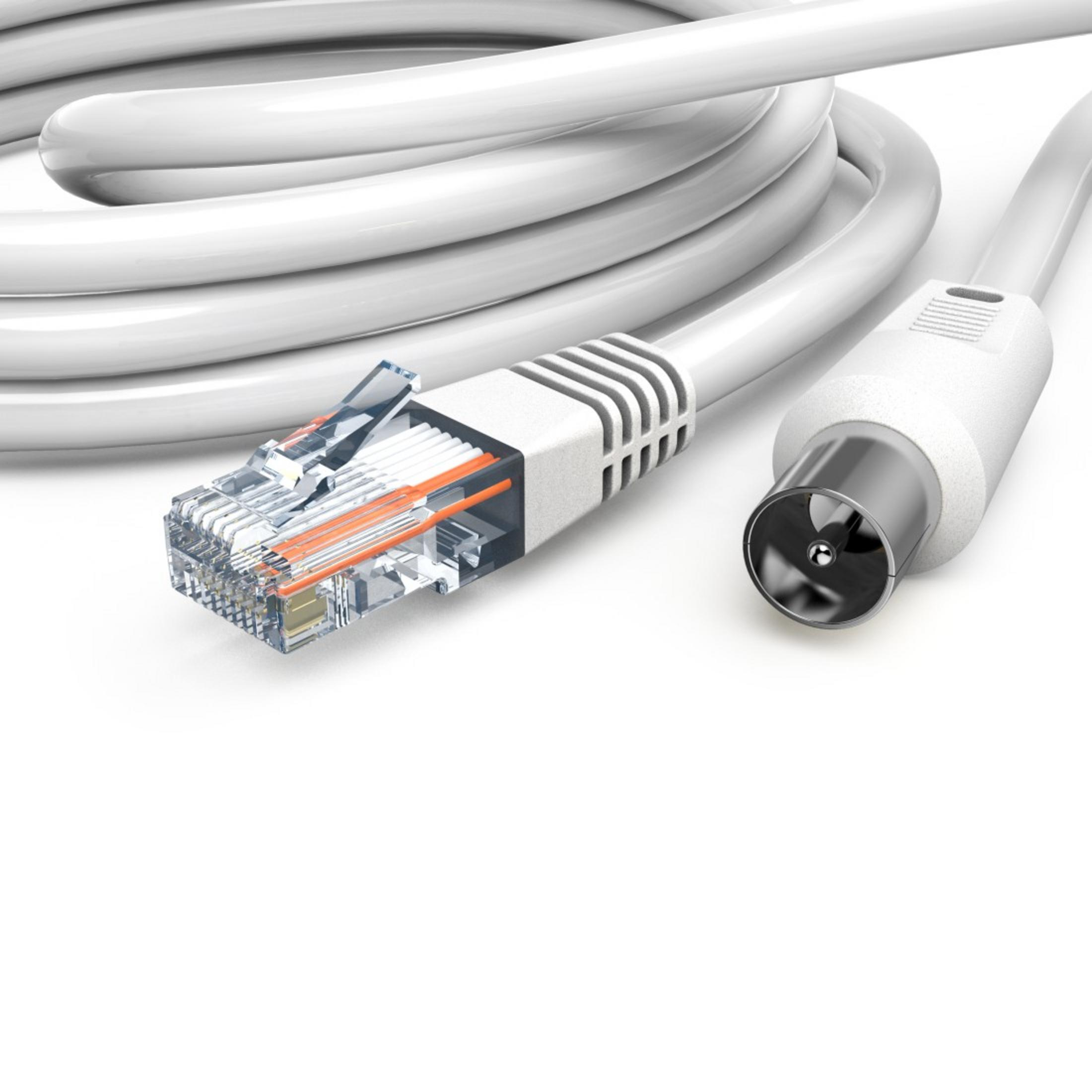 Biały kabel z wtyczką Ethernet i złączem TV na białym tle.