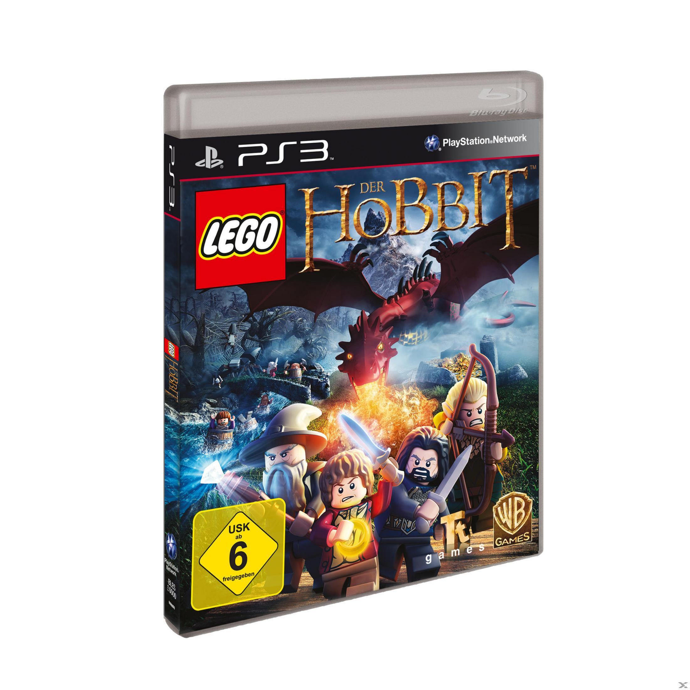 Lego The Hobbit PS3 Spielbox. Charaktere vor einem Drachen und Feuer. Weißer Hintergrund.