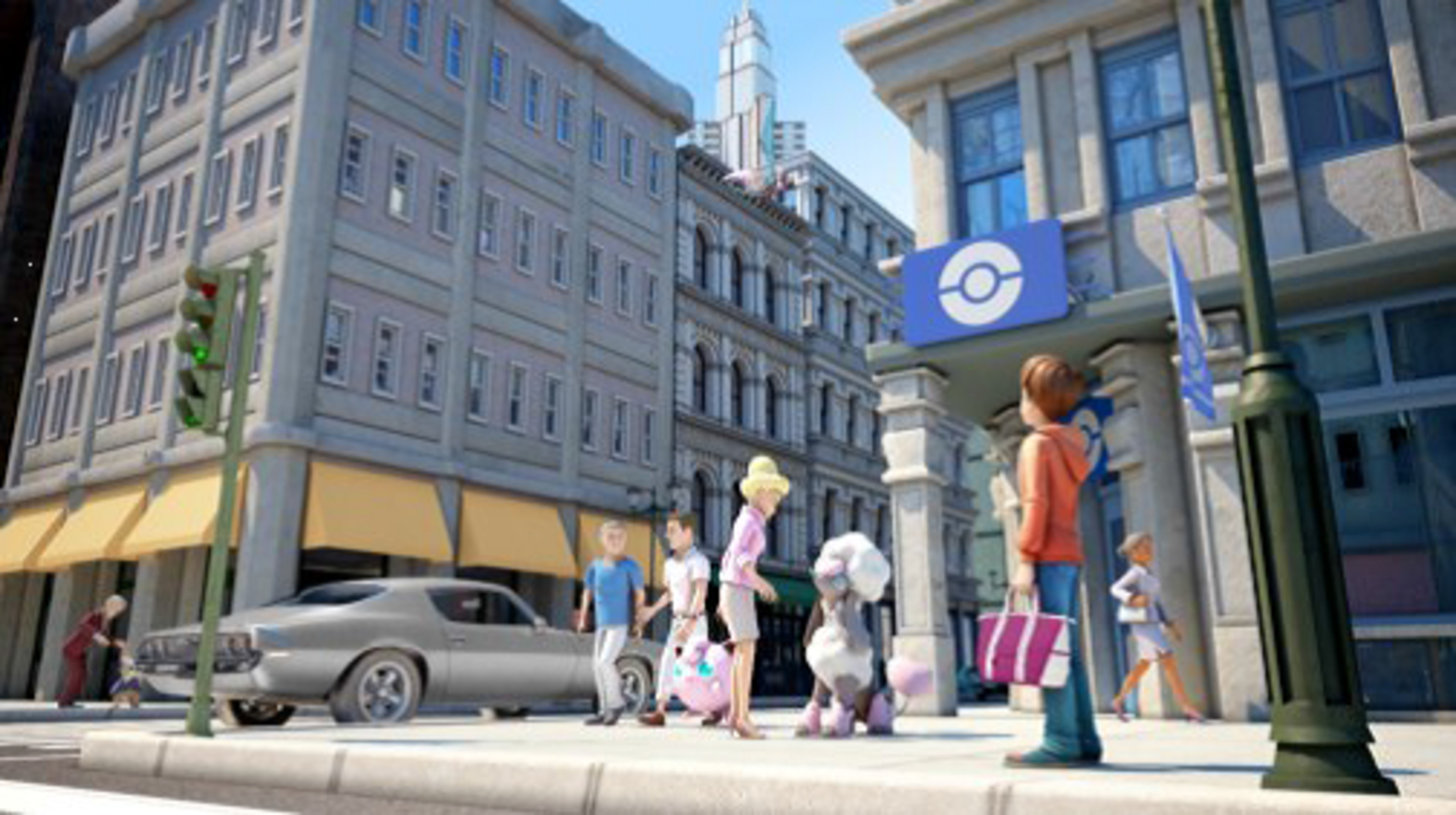 Straßenszene mit cartoonartigen Gebäuden und Leuten, inkl. Pokemon-Schild.
