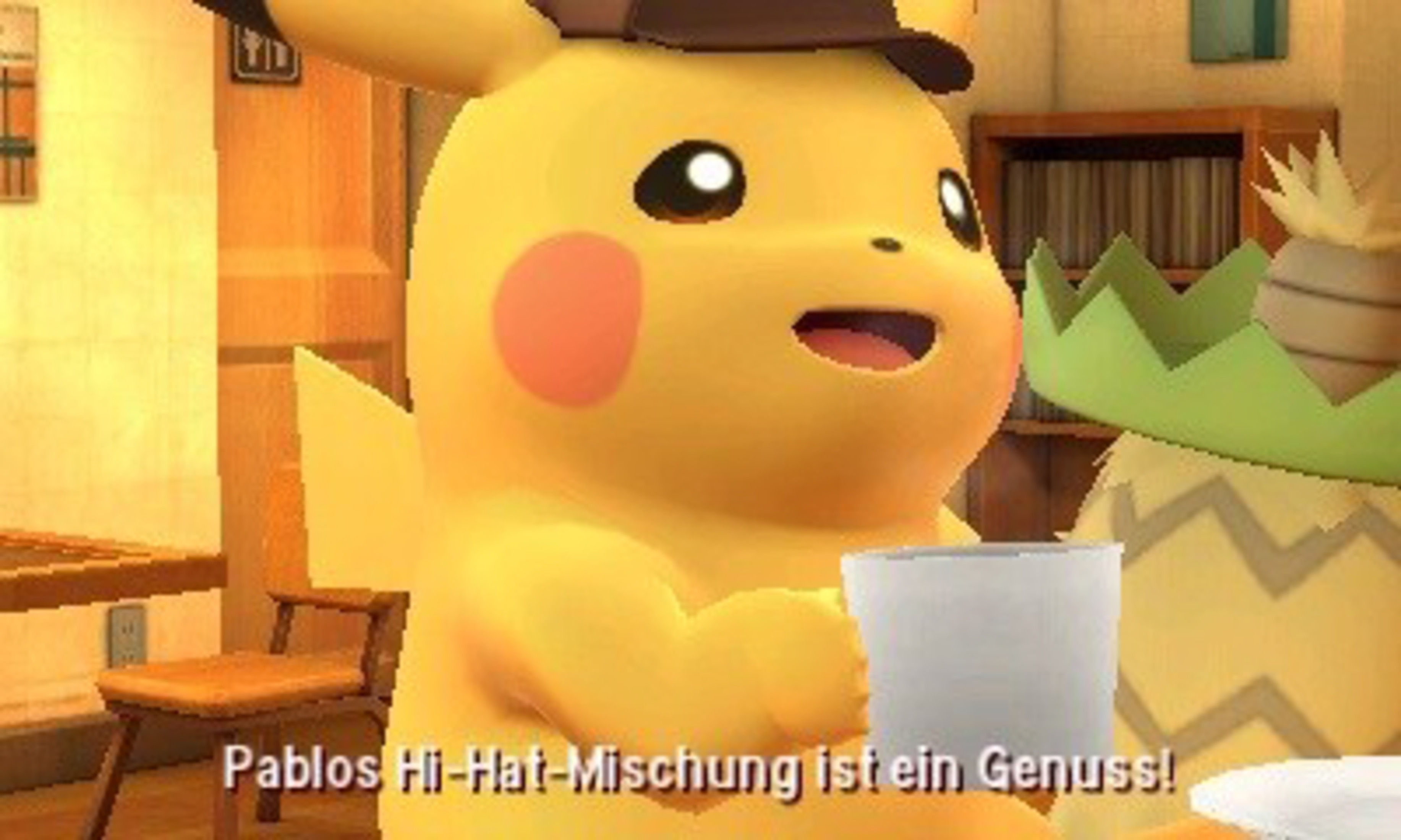 Pikachu aus Pokémon lächelt, trägt einen Detektivhut und hält eine Tasse. Text auf Deutsch darunter.