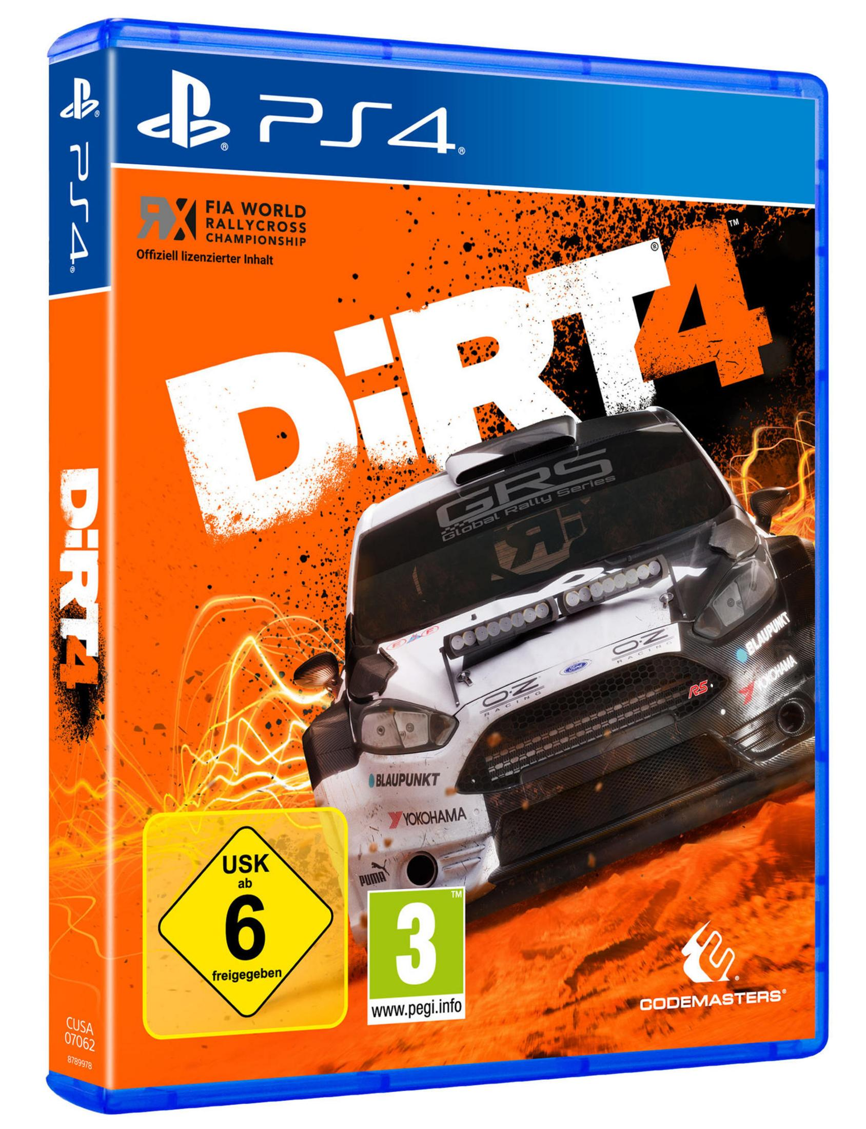 PS4-Spielbox für Dirt 4. Das Cover zeigt ein Rallyeauto auf orangefarbenem Hintergrund.