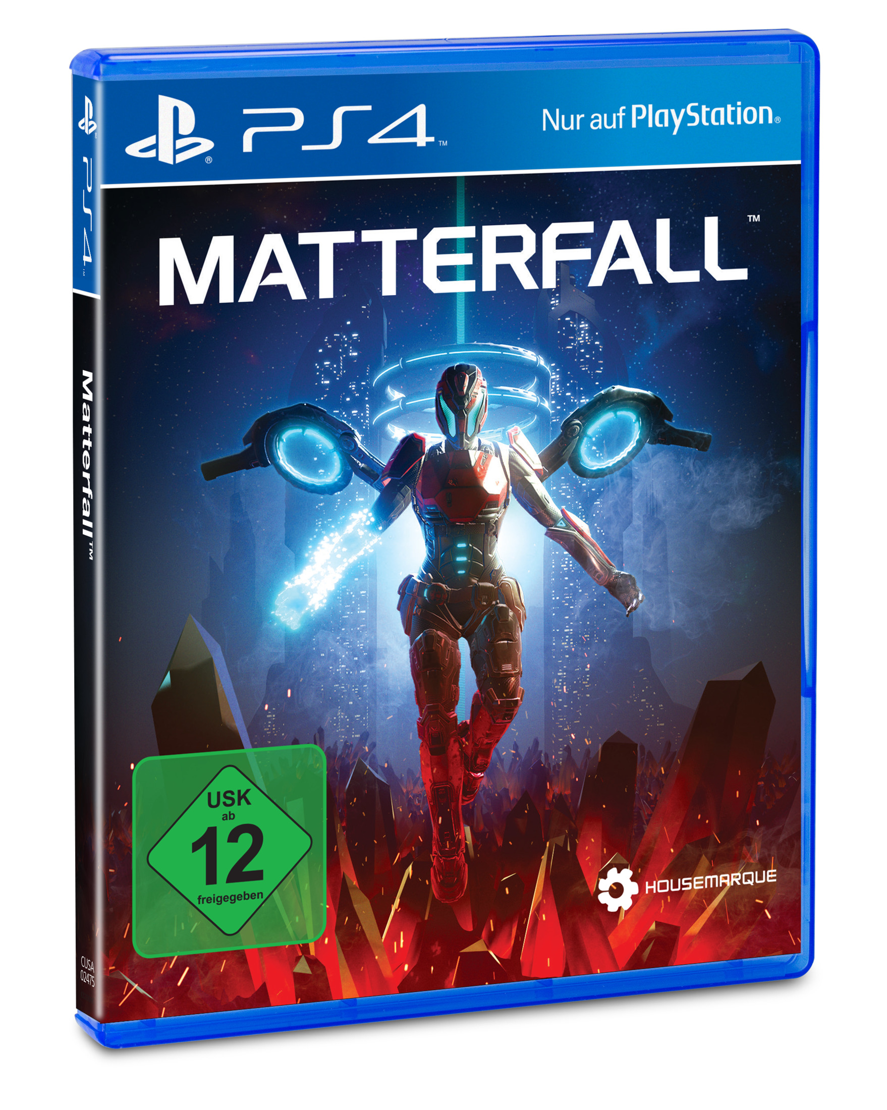 Matterfall-Spielhülle für PS4, mit futuristischem Charakter auf dem Cover.