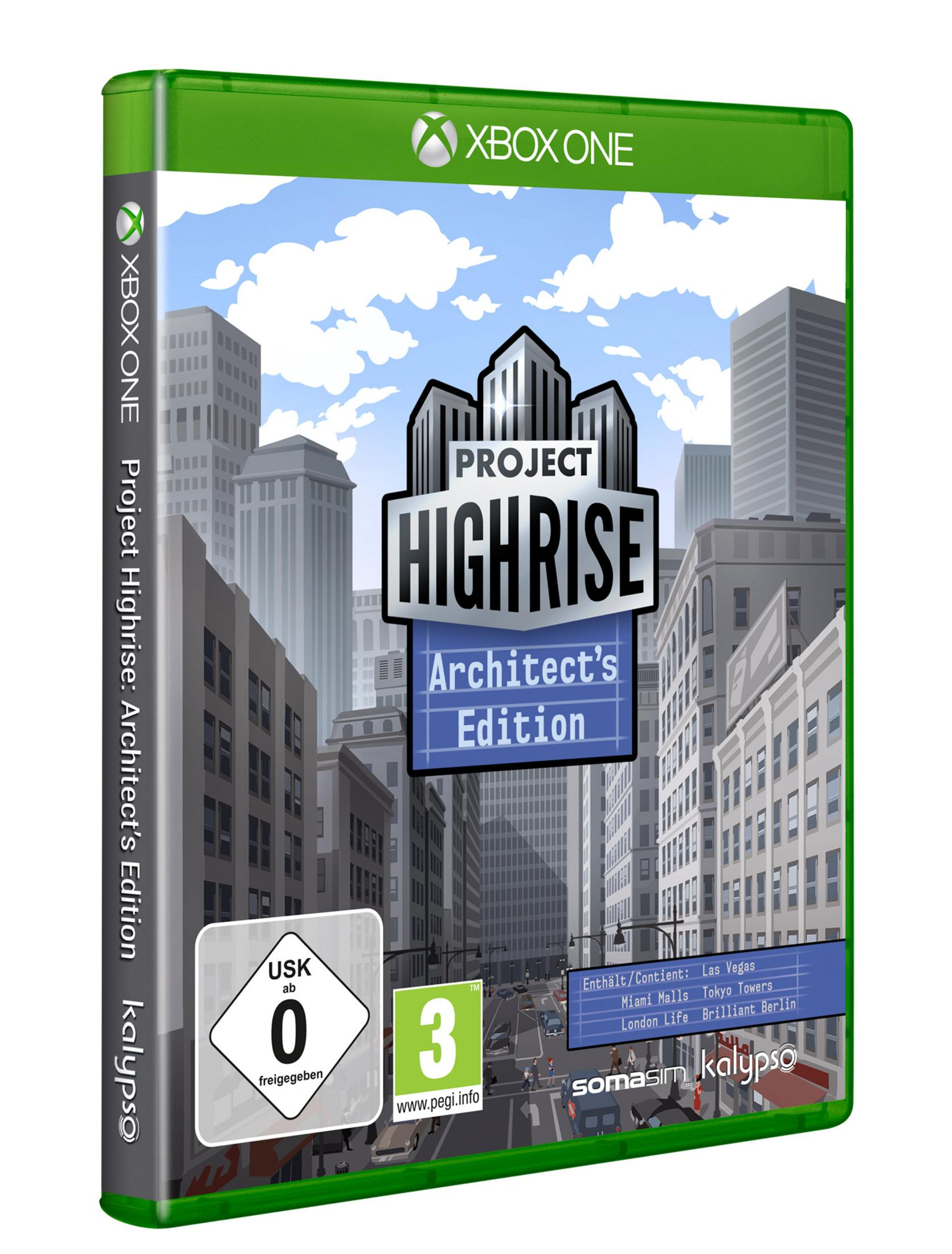 Xbox One Spielbox für Project Highrise. Das Cover zeigt Hochhäuser mit einem Spiel-Logo.