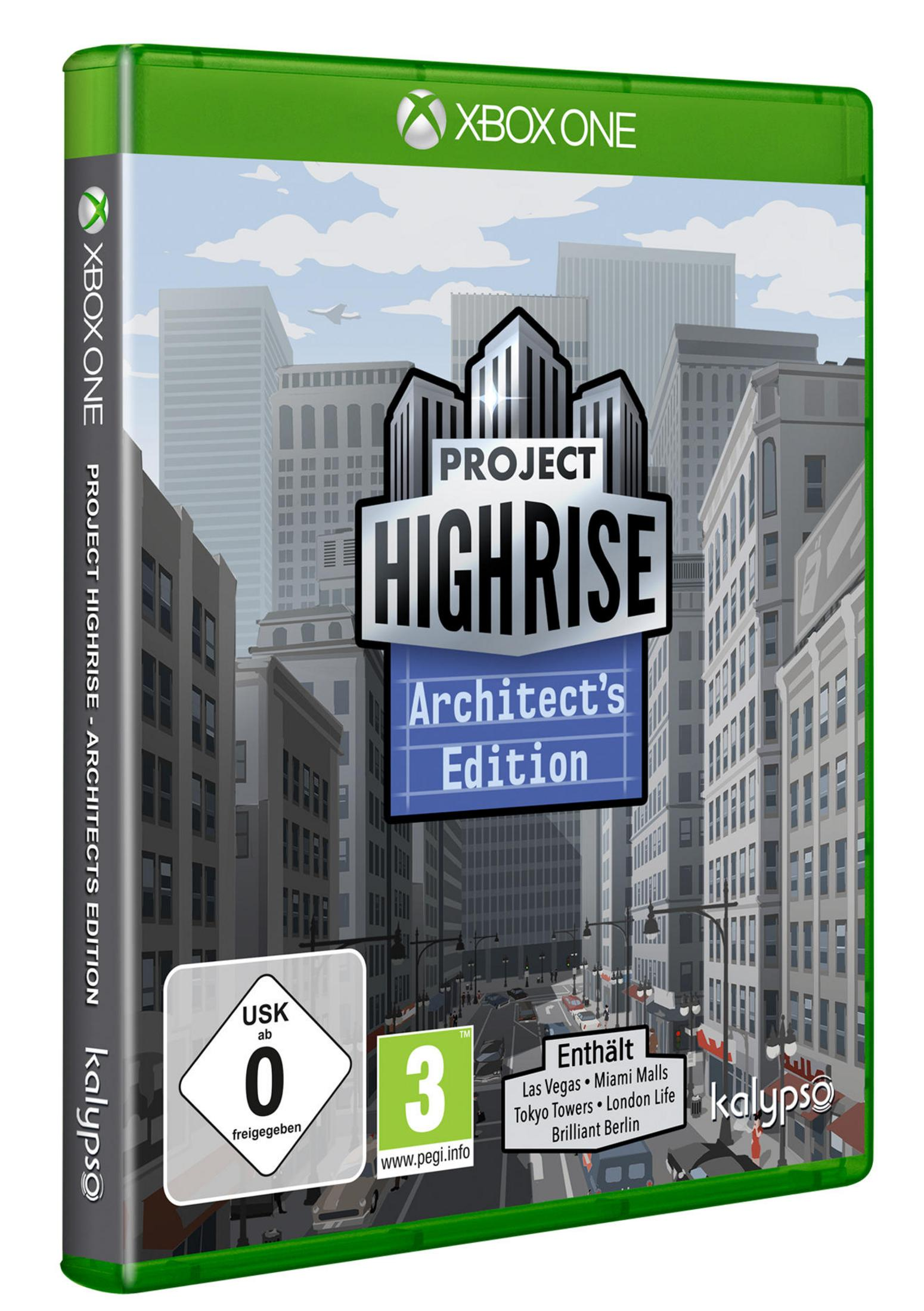 Projekt Highrise Spielbox. Wolkenkratzer im Hintergrund. Logo in der Mitte, Xbox One Logo oben rechts.
