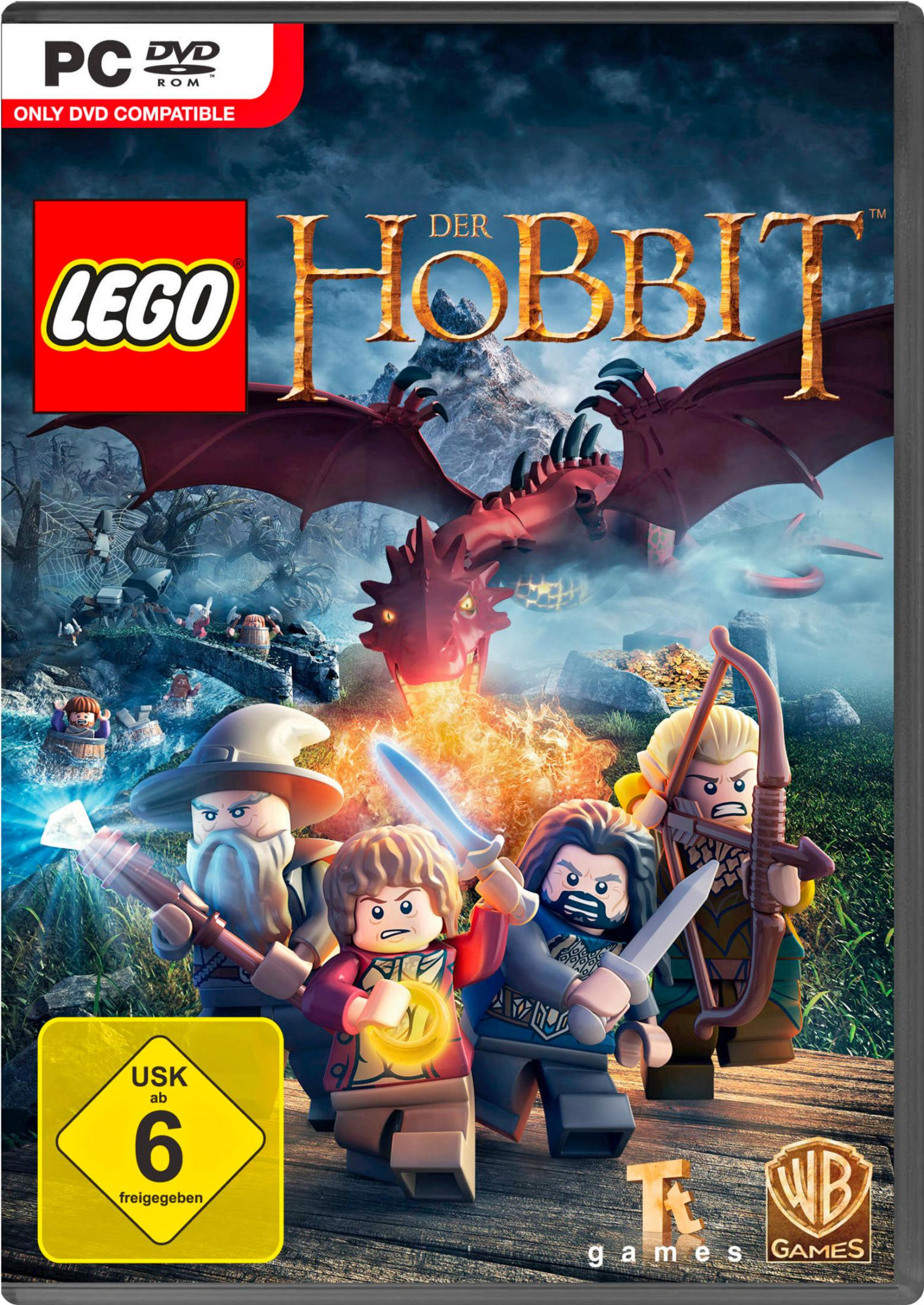 LEGO Der Hobbit-Spielbox mit LEGO-Charakteren in einer Fantasy-Umgebung, dunkler Hintergrund.