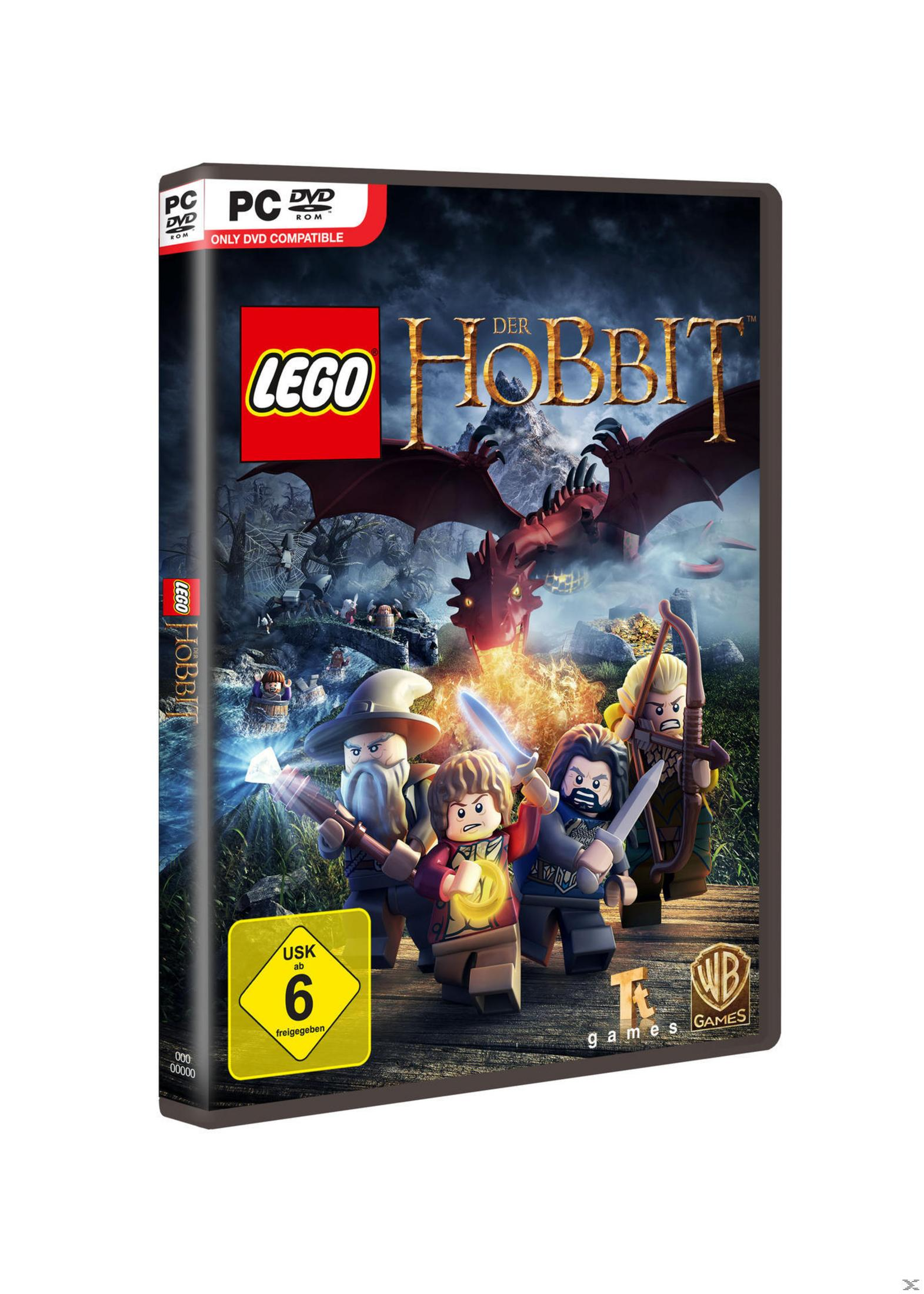 Lego-Spielbox: Lego-Figuren aus dem Film „Der Hobbit“. Ein roter Drache fliegt über ihnen.