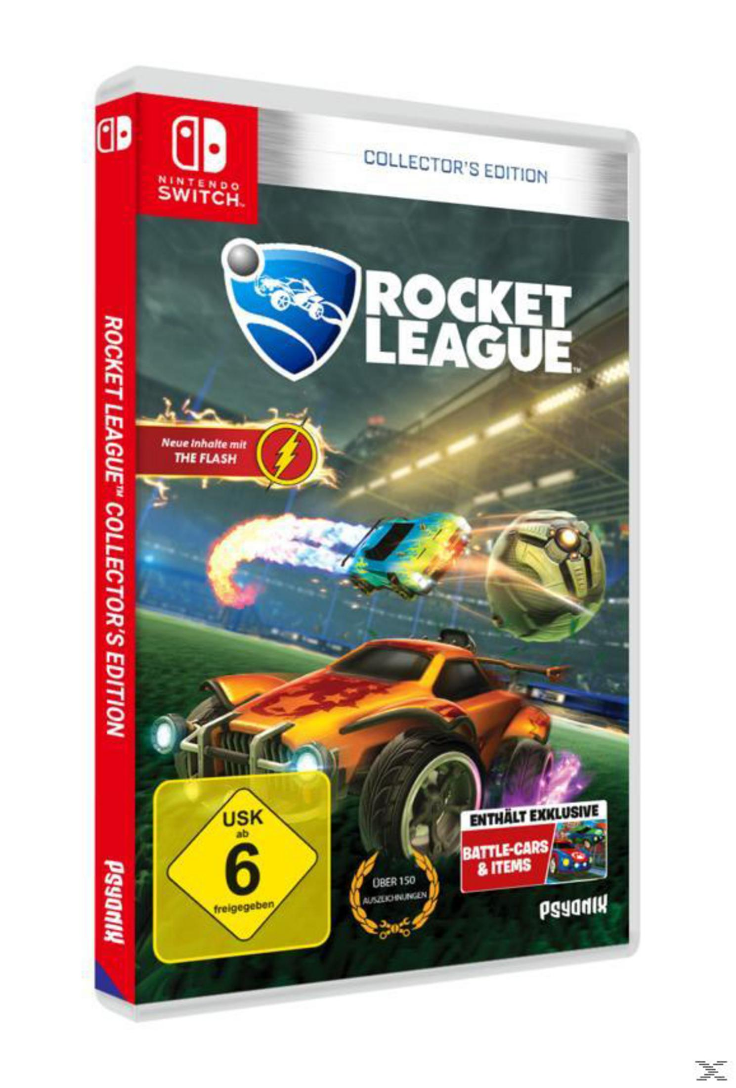Rocket League Collector's Edition Spielbox. Autos auf dem Feld. Enthält The Flash-Inhalte. USK 6 Bewertung.