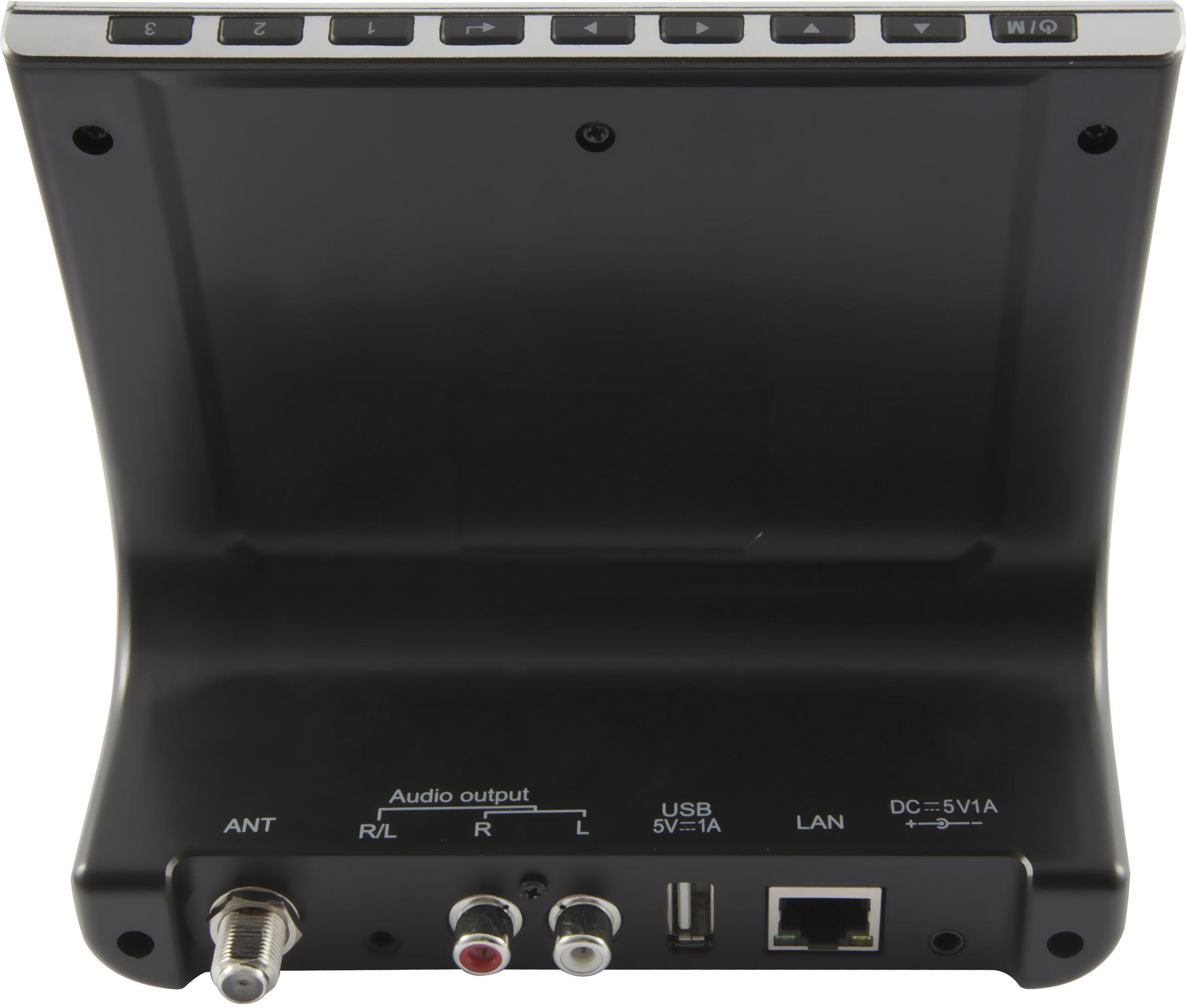 Pannello posteriore di un dispositivo nero. Sono visibili le porte per ANT, uscita audio, USB, LAN e DC 5V1A.