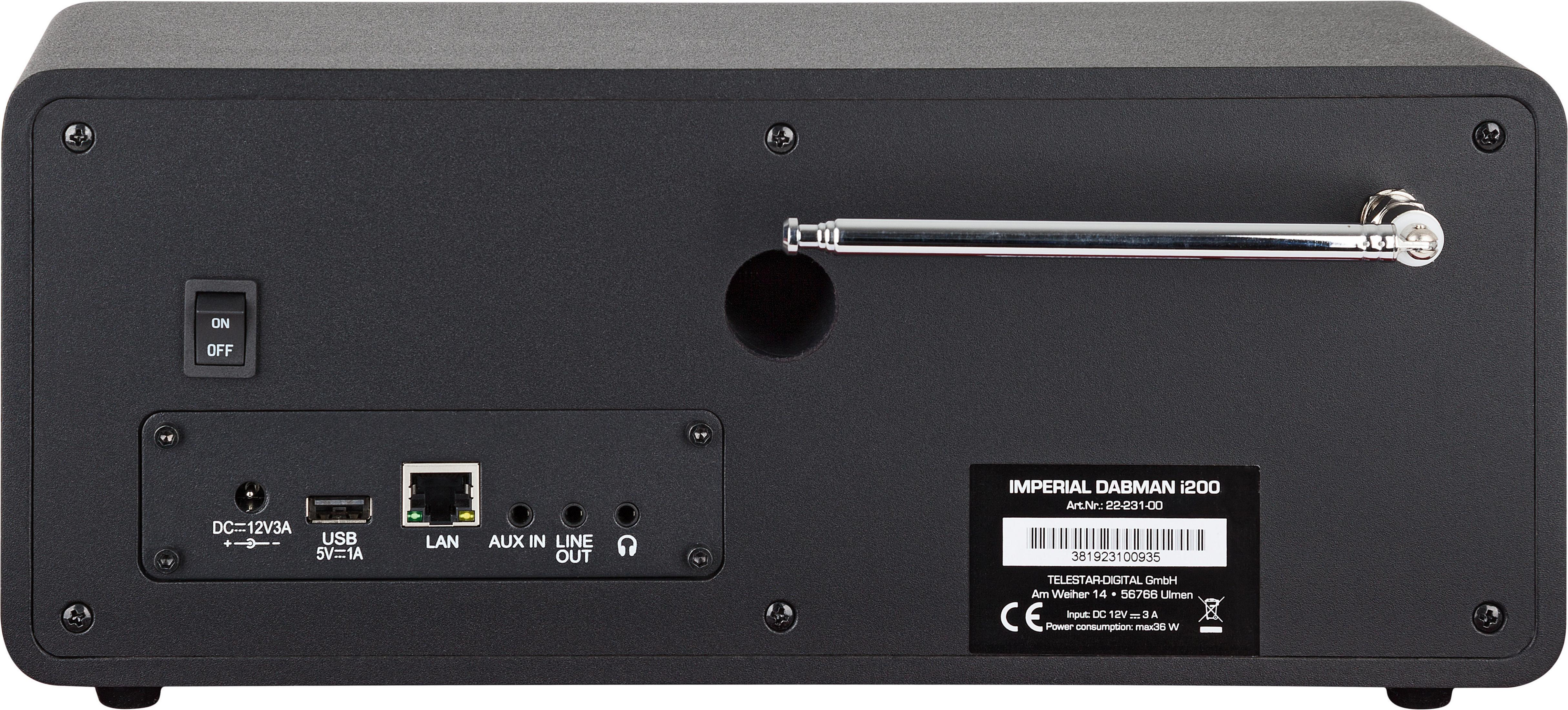 Czarny zestaw stereo z etykietami portów i przycisków. Widoczny panel tylny.