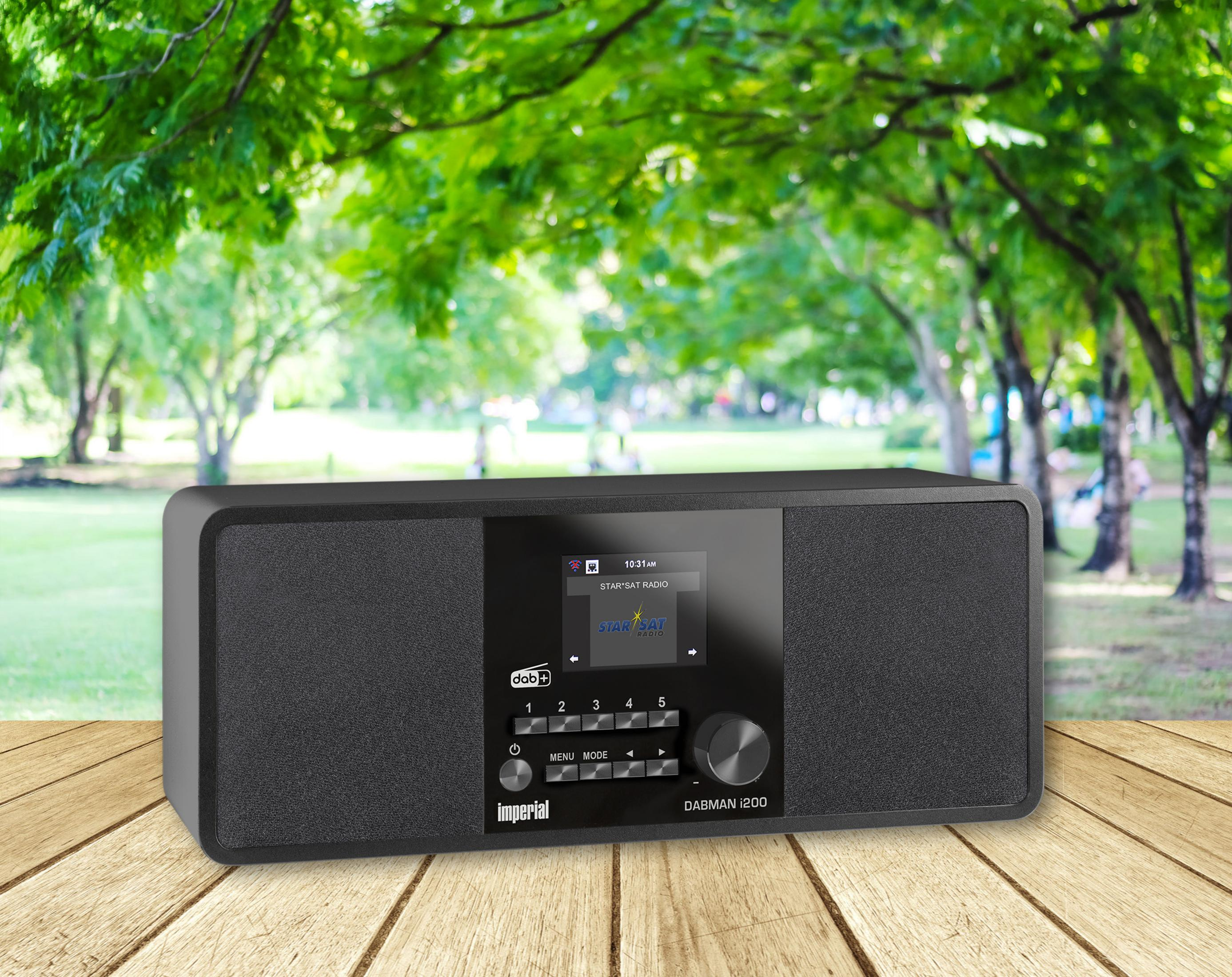 Czarny radioodbiornik na drewnianej powierzchni, z parkiem i drzewami w tle.