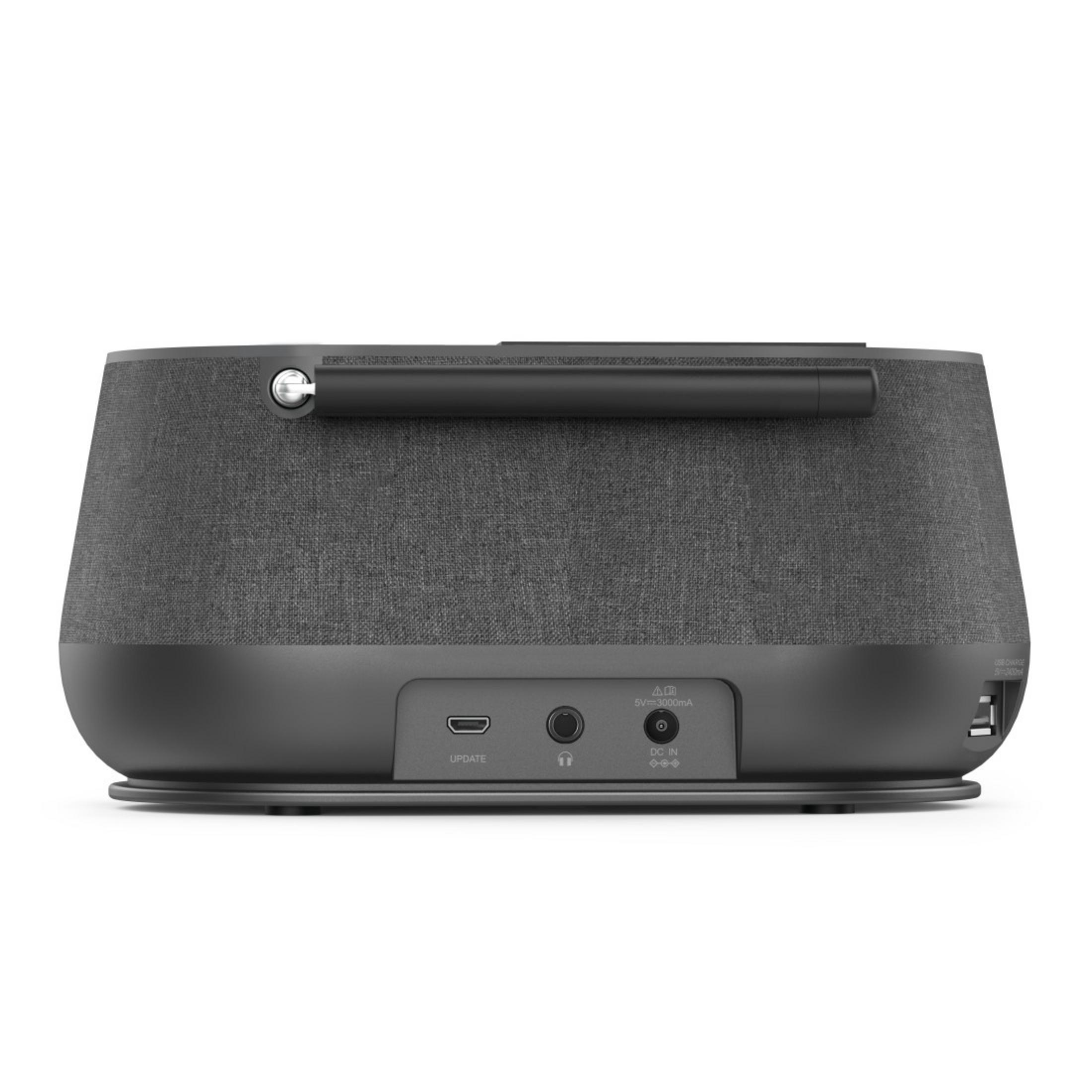 Widok z tyłu ciemnoszarego głośnika z tkaniny z portami i uchwytem.