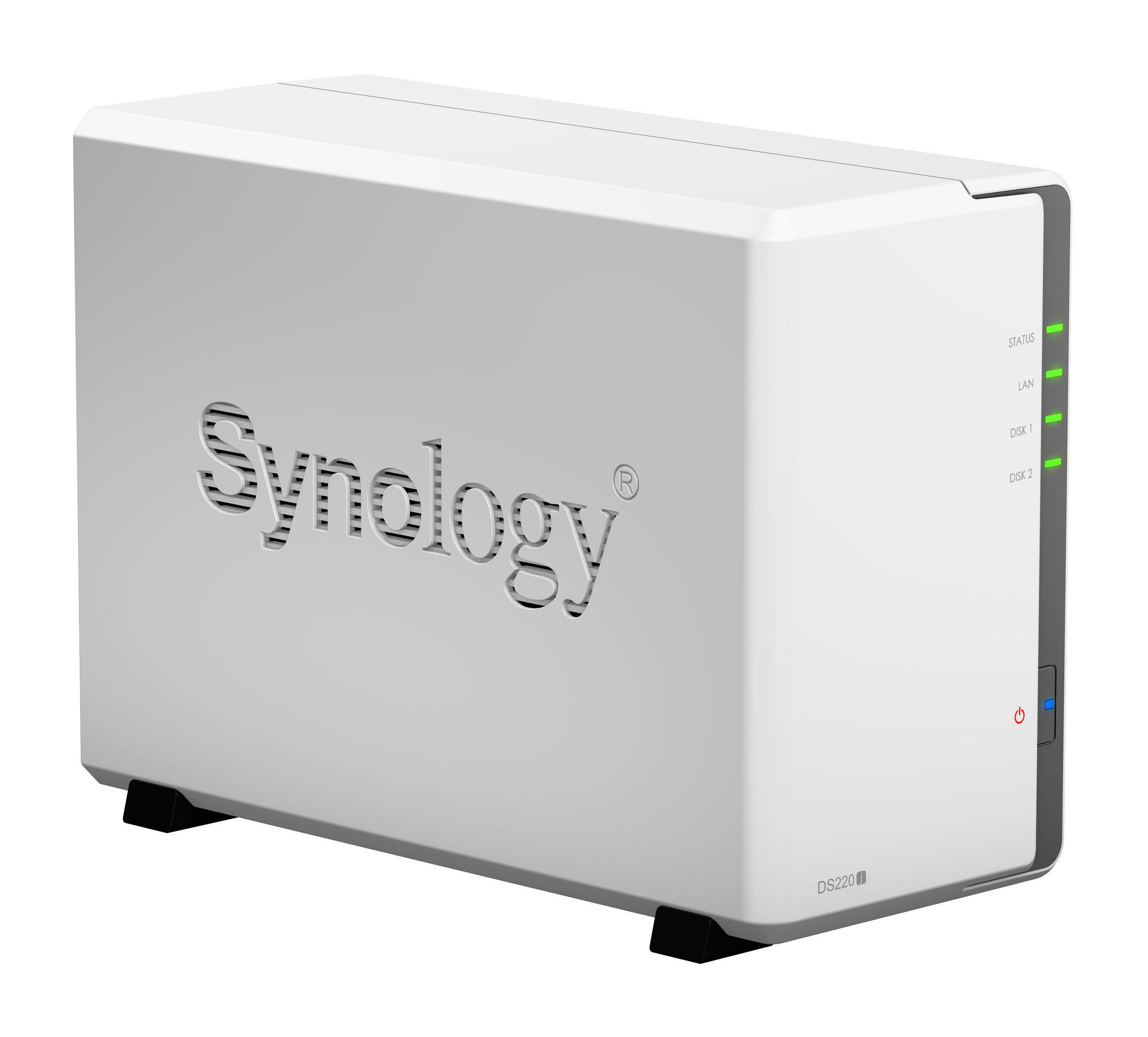 Weißes Synology DS220j NAS-Gerät mit dem Synology-Logo auf der Vorderseite. Die Statusleuchten sind seitlich.
