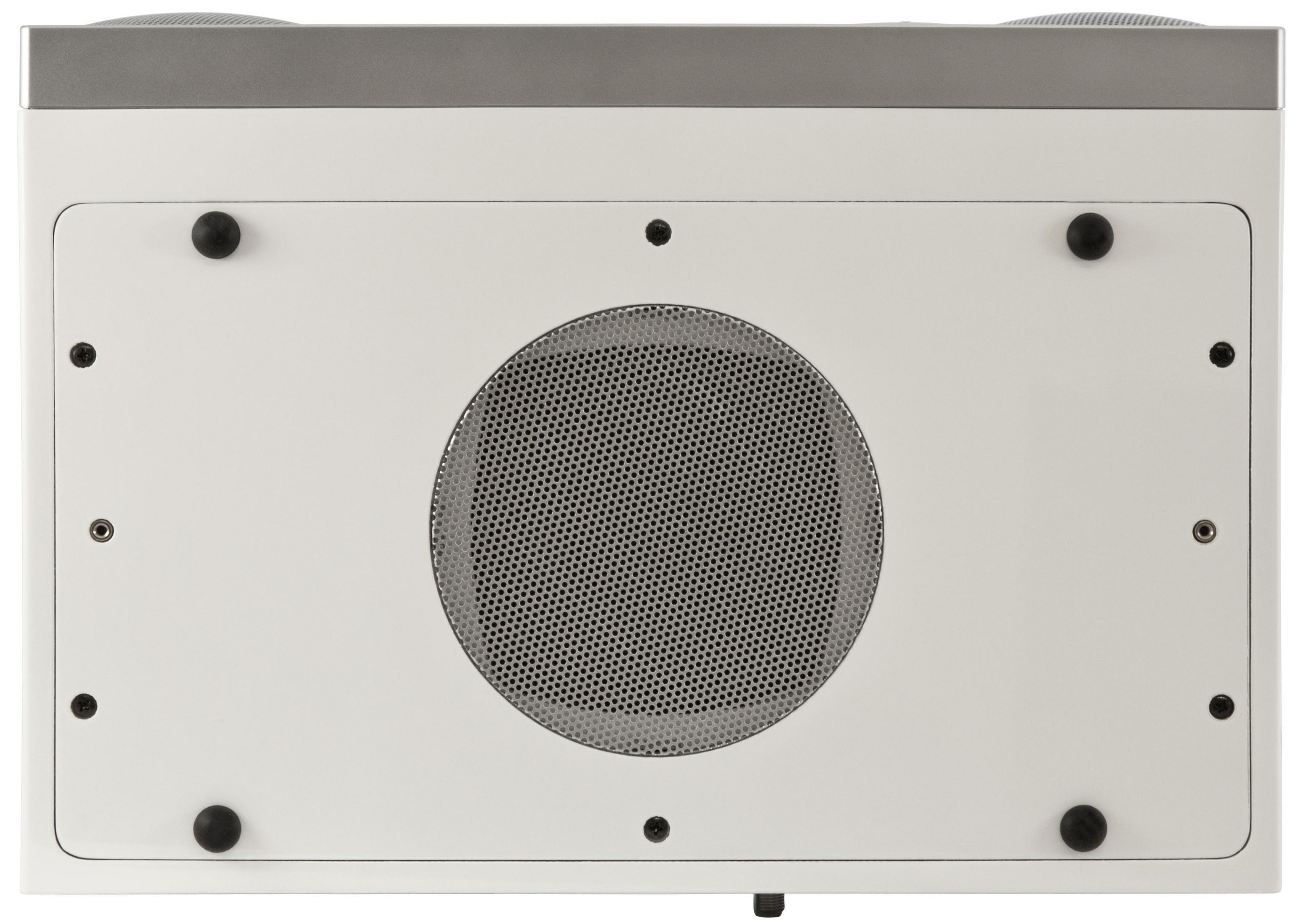 Vista inferior de un dispositivo de audio blanco con rejilla de altavoz.
