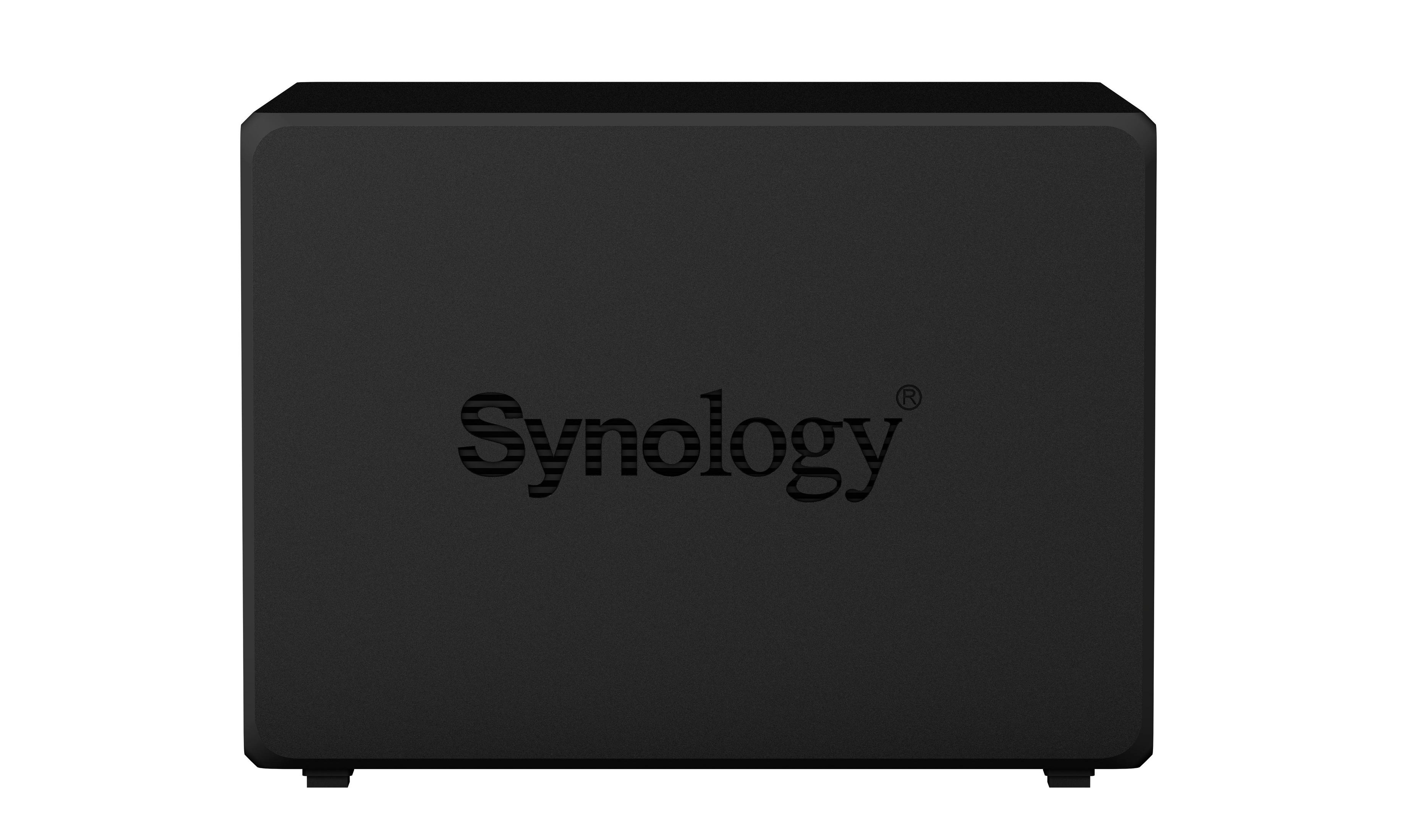 Schwarze Synology NAS-Vorderseite mit Logo. Weißer Hintergrund.