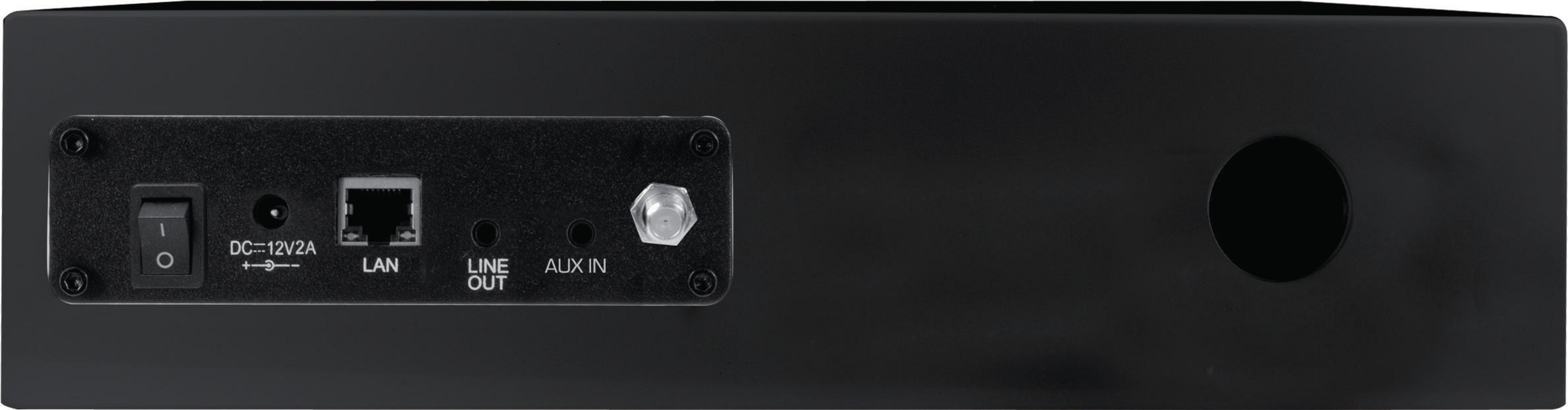 Panel trasero de un dispositivo de audio negro. Incluye puertos y botones para la conectividad.