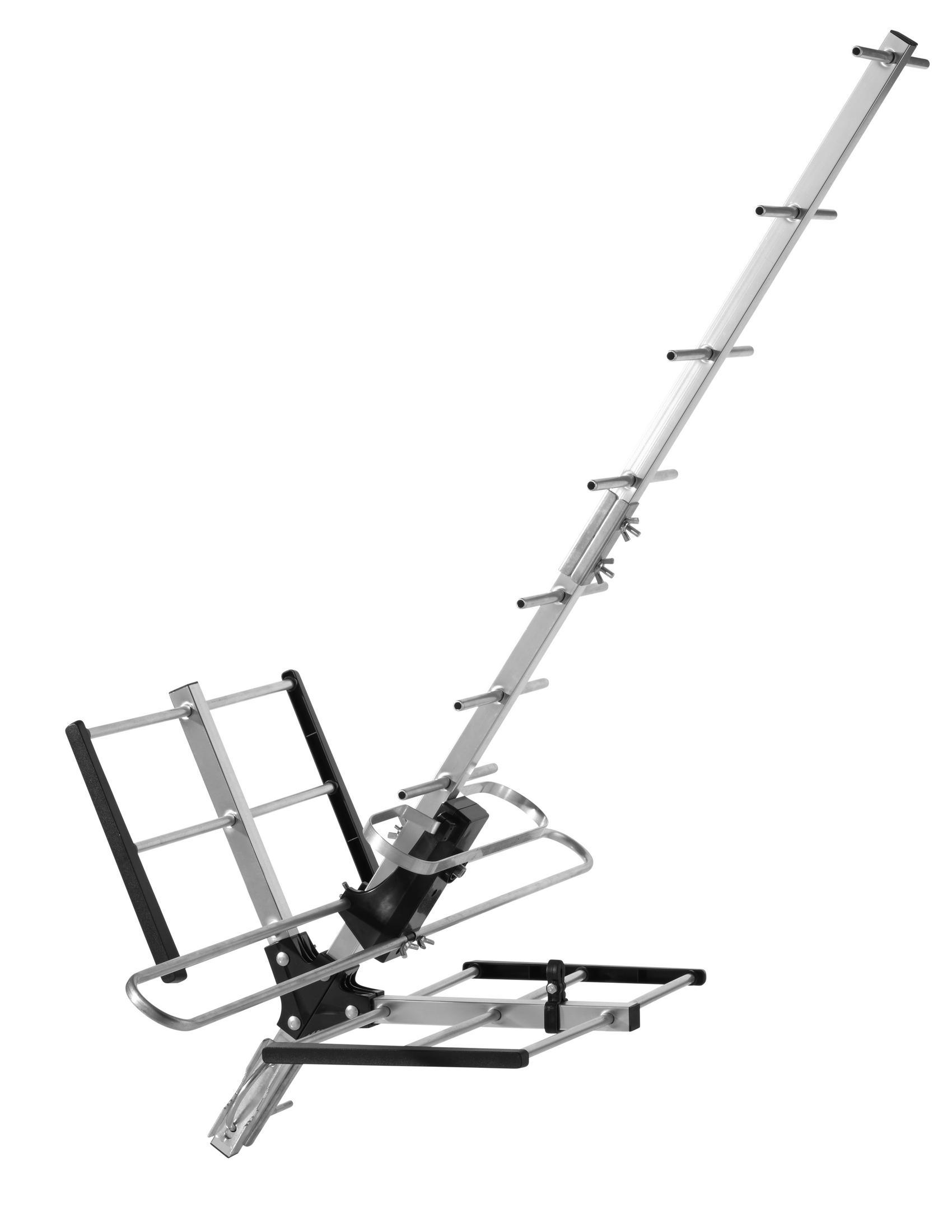 Antenne, silber und schwarz, abgewinkelt. Weißer Hintergrund.