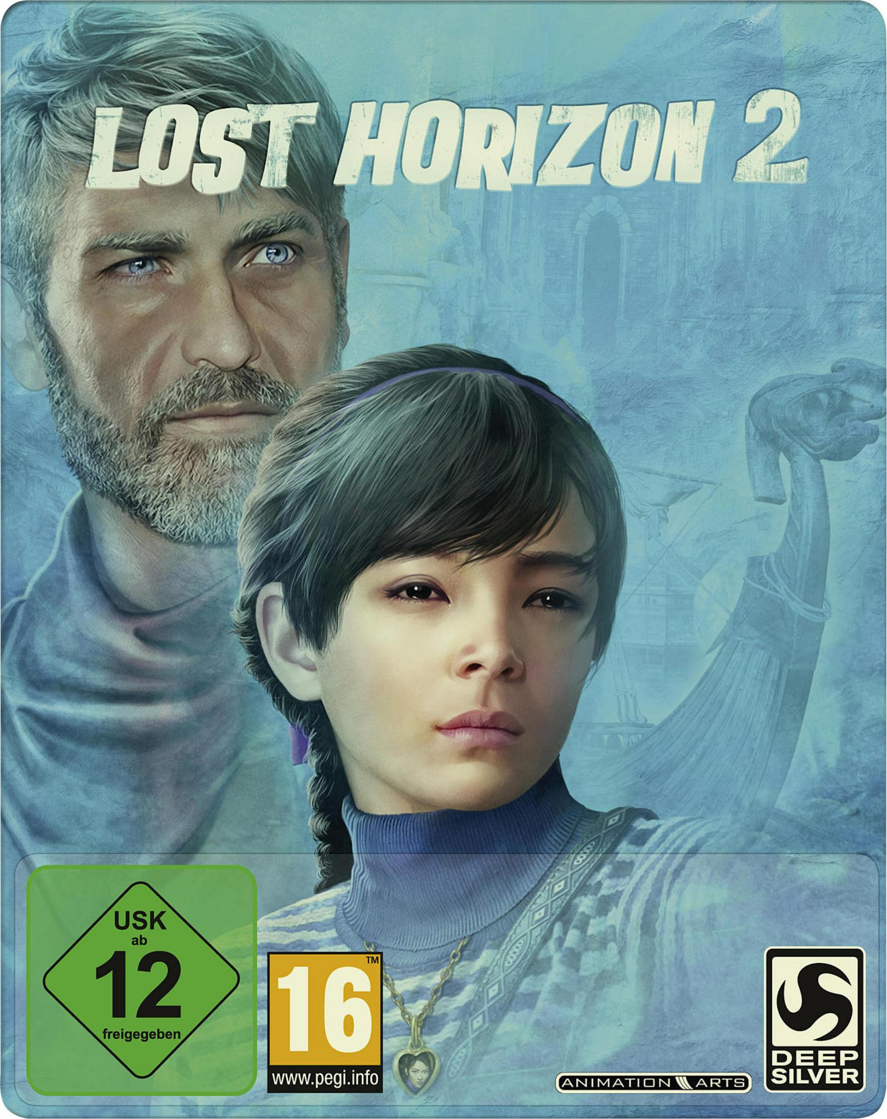 Das Spielcover, Lost Horizon 2, mit dem Gesicht eines Mannes und eines Mädchens und einem Rating-Label.