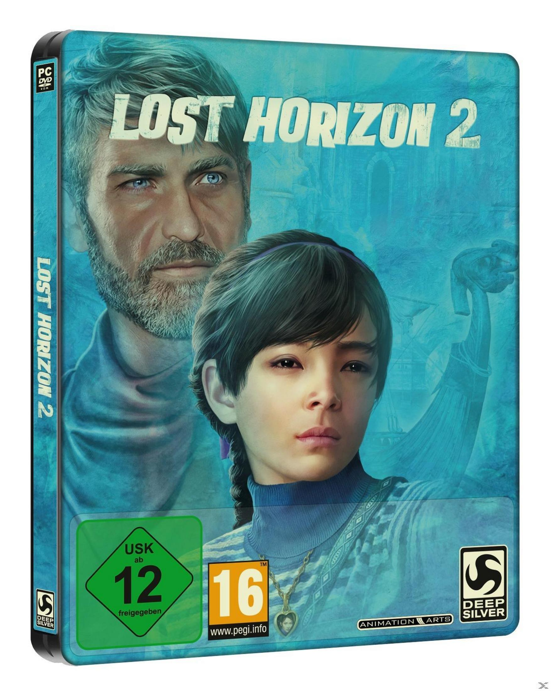 Spielbox für Lost Horizon 2 für PC. Porträt eines Mannes und eines Mädchens.