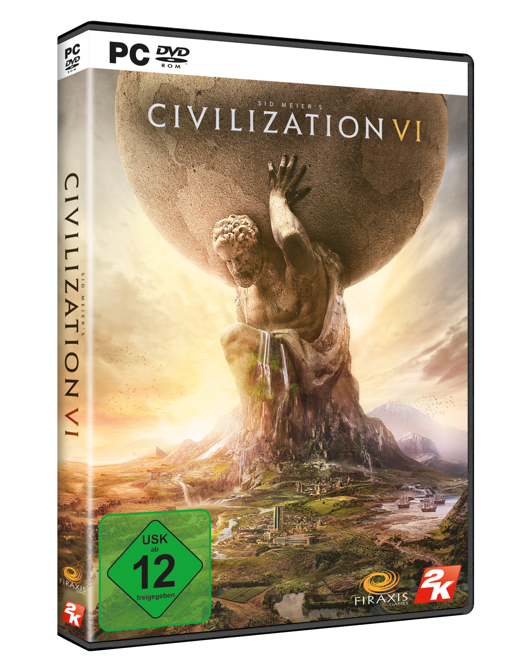 Videospielbox-Art für Civilization VI, ein Mann hält eine Weltkugel.
