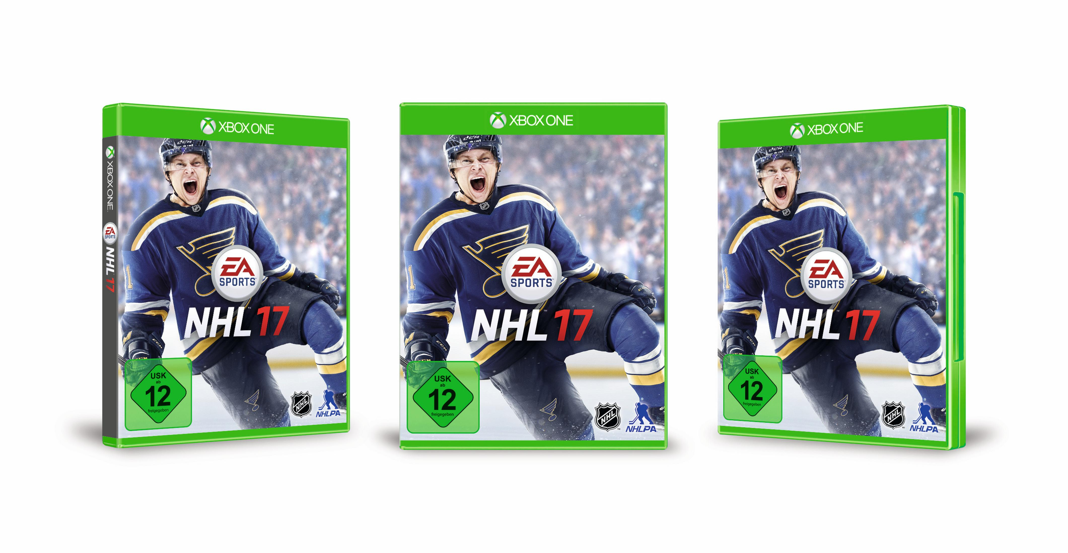 Drei Videospielhüllen von NHL 17, mit einem Eishockeyspieler auf dem Cover. Grüne Hüllen.