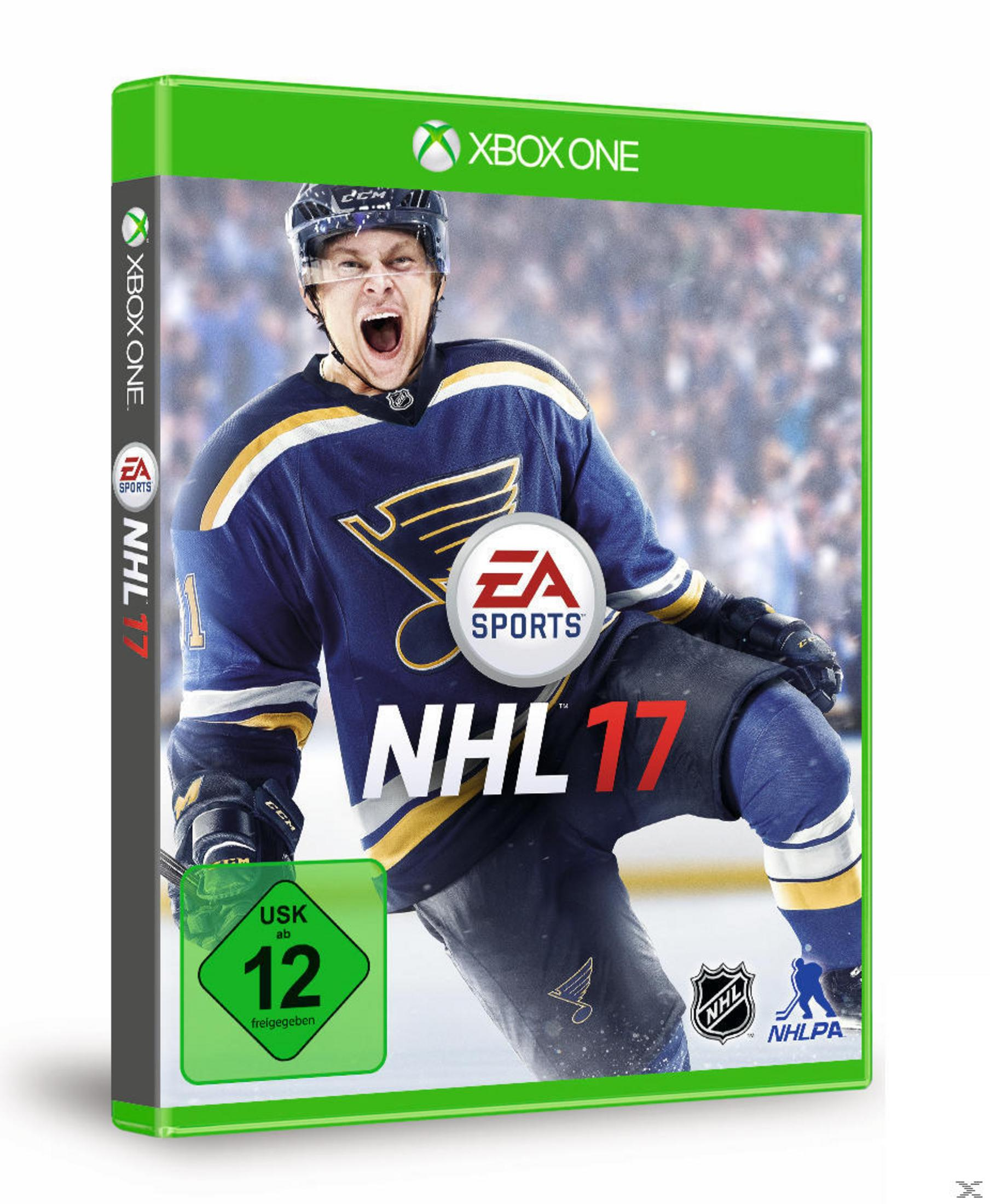 NHL 17 Xbox One Spielhülle mit Eishockeyspieler auf dem Cover, grüne Bewertung.