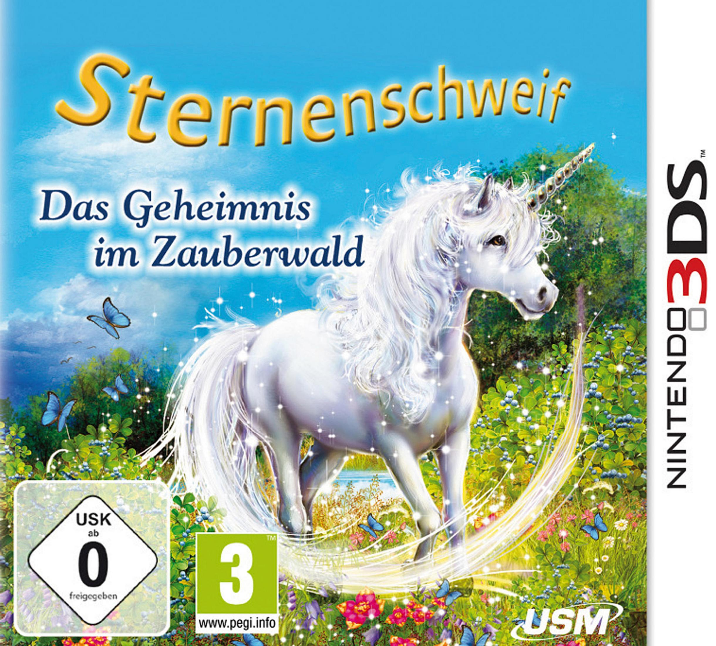 Nintendo 3DS-Spielbox. Enthält ein weißes Einhorn in einem Wald mit Schmetterlingen und Text auf Deutsch.