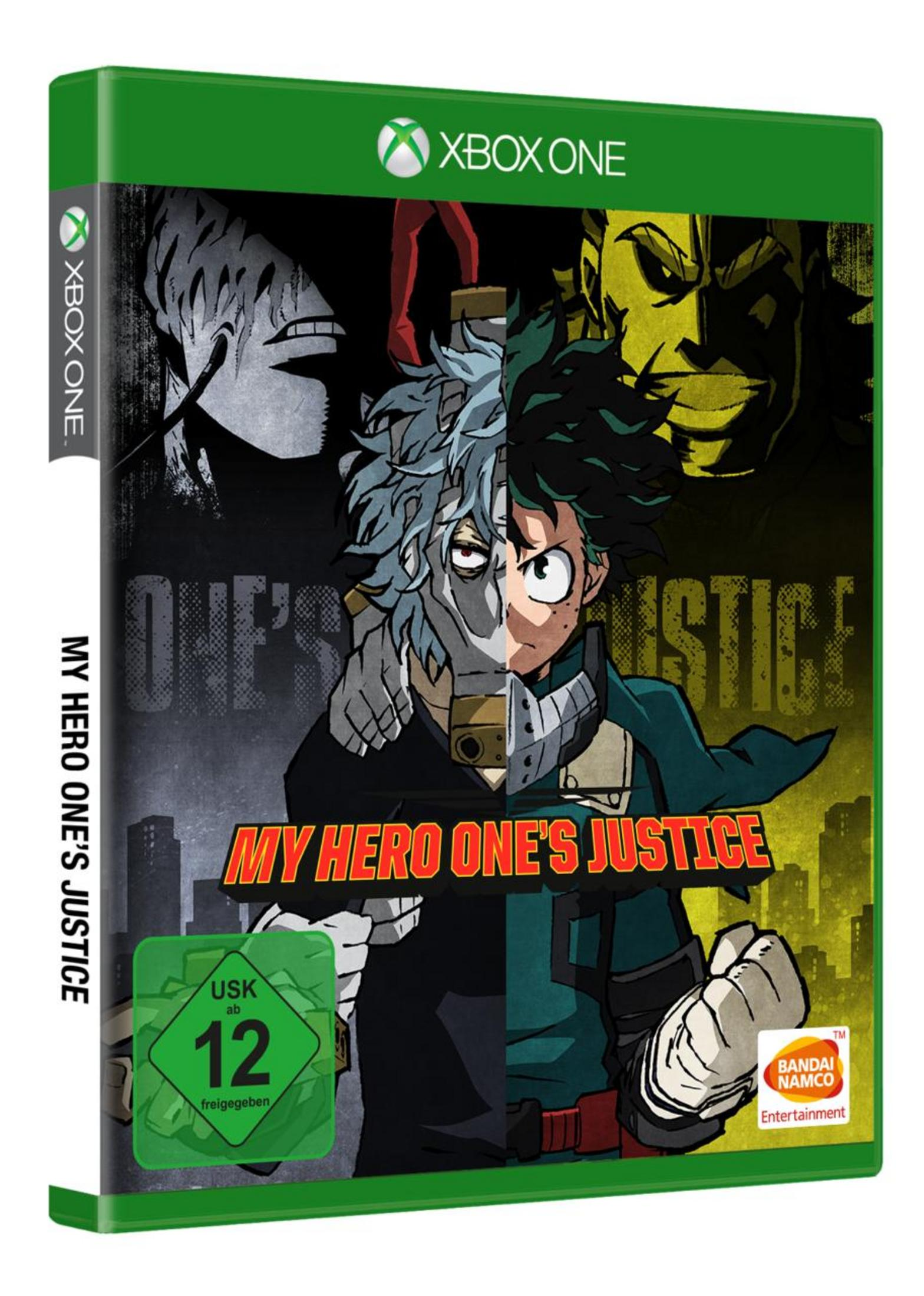 Xbox One-Spielbox: My Hero One's Justice. Anime-Charaktere auf dem Cover. Grüner und weißer Hintergrund.