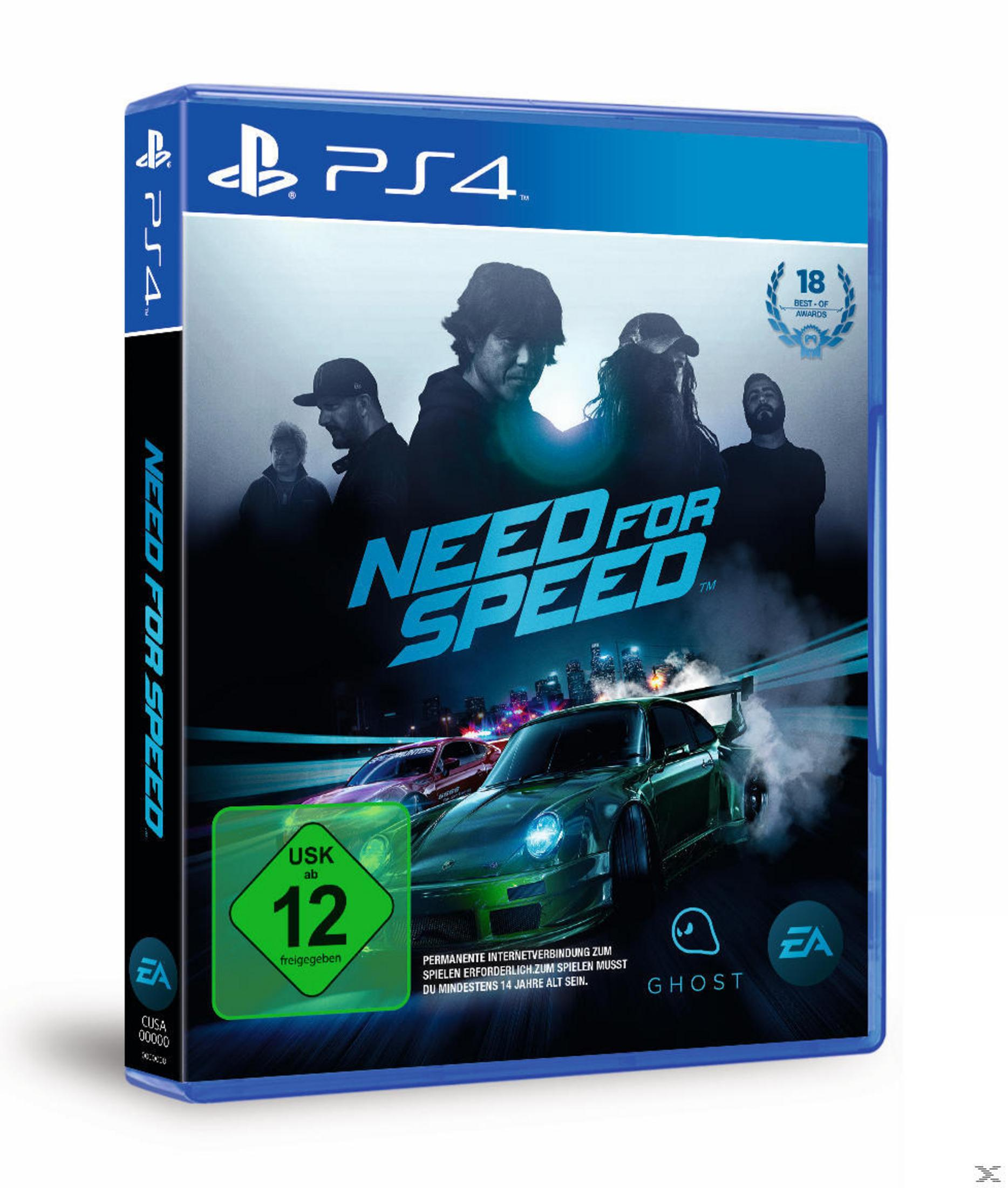 Need for Speed PS4-Spielhülle mit Autos und Personen in blauem Gehäuse.