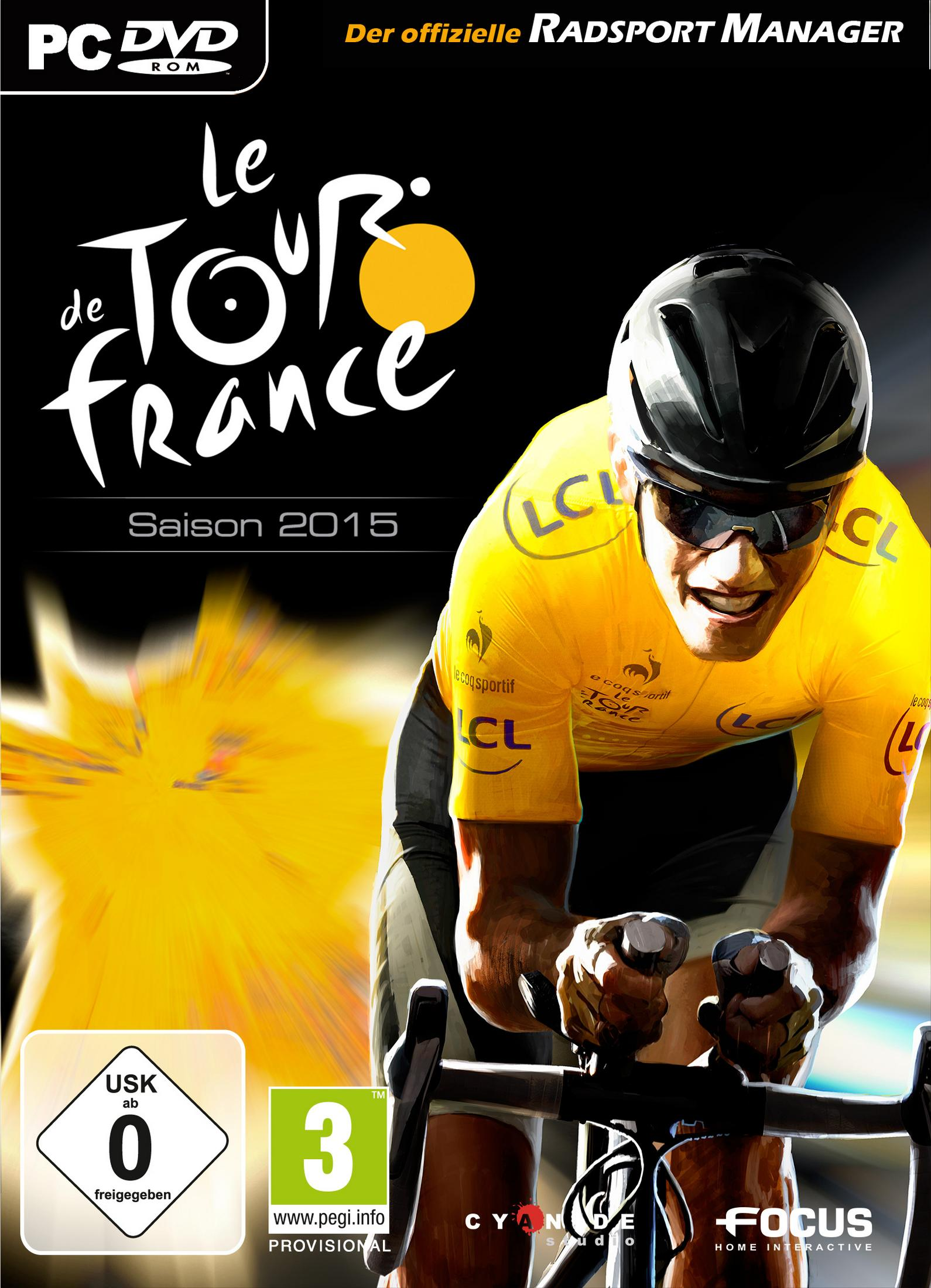 Spielbox-Art für Tour de France 2015, Radfahrer im gelben Trikot auf dem Cover.