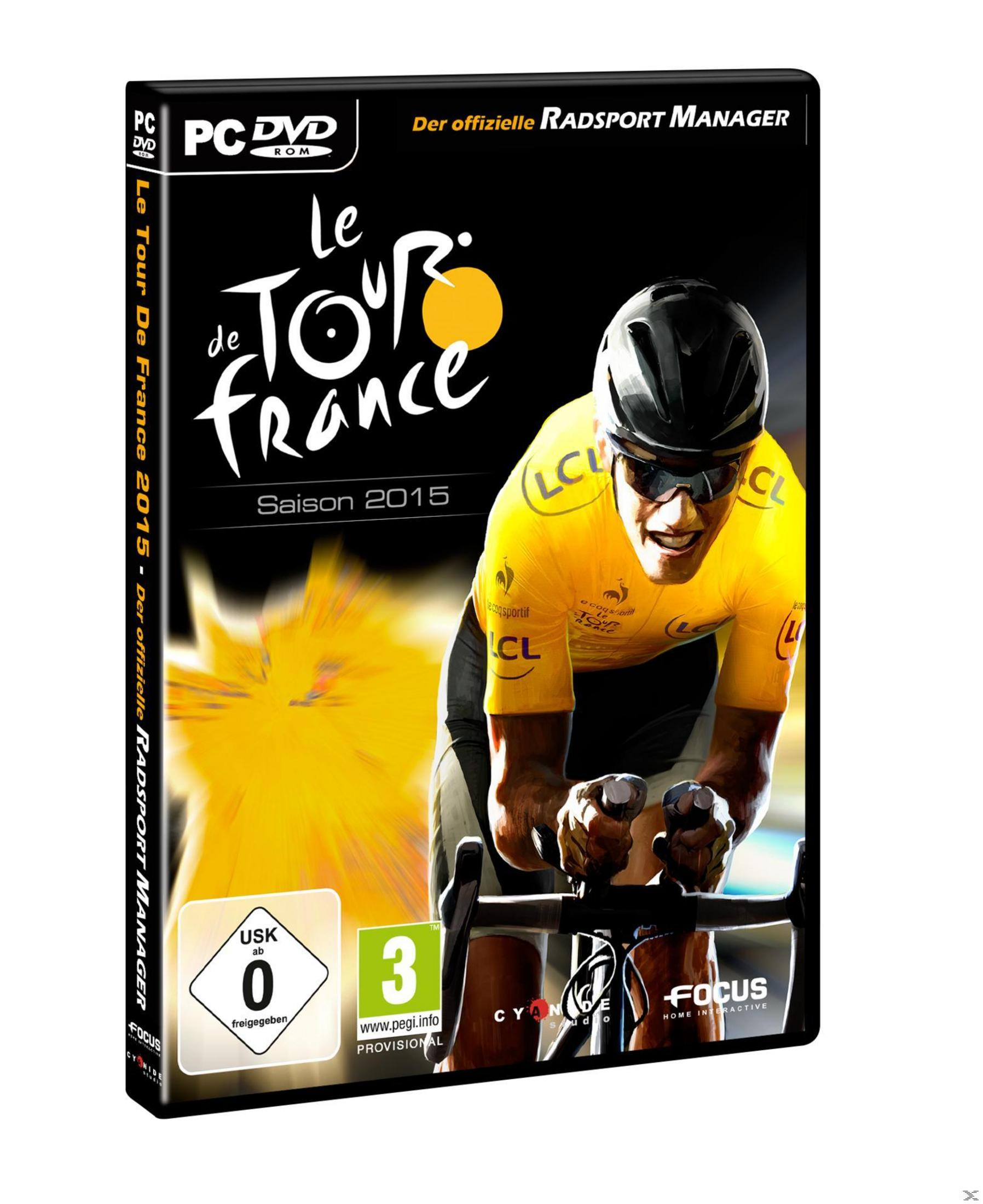 Le Tour de France 2015 PC DVD Spielbox. Ein Radfahrer in gelbem Trikot fährt mit seinem Fahrrad.