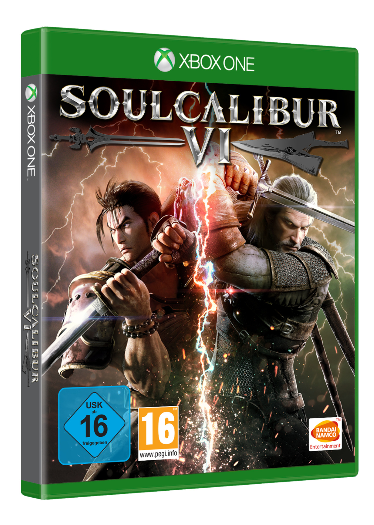 Die Hülle des Spiels Soulcalibur VI für Xbox One. Zwei Charaktere kämpfen mit Waffen.