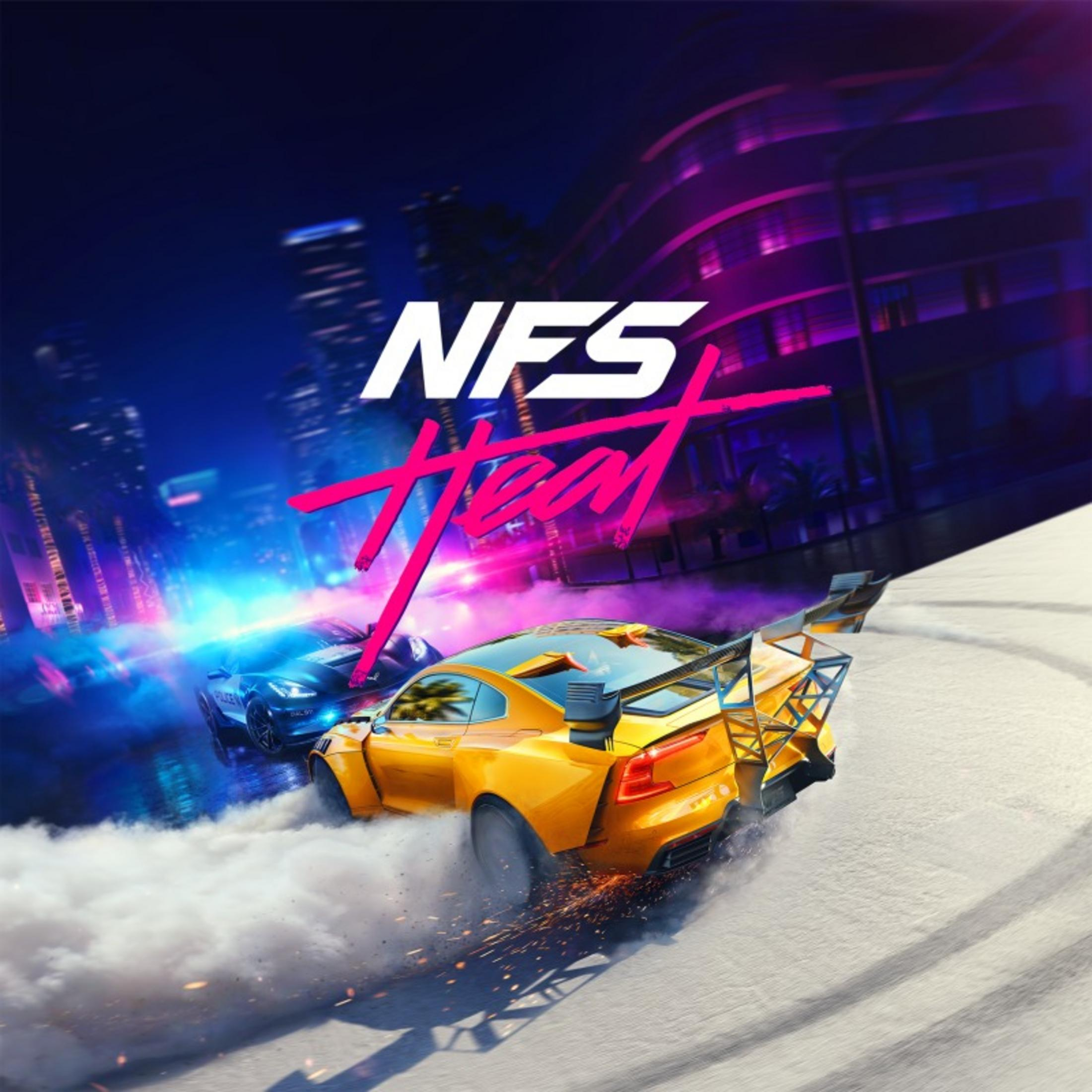 Okładka gry Need for Speed Heat z dwoma driftującymi samochodami w scenerii miejskiej.