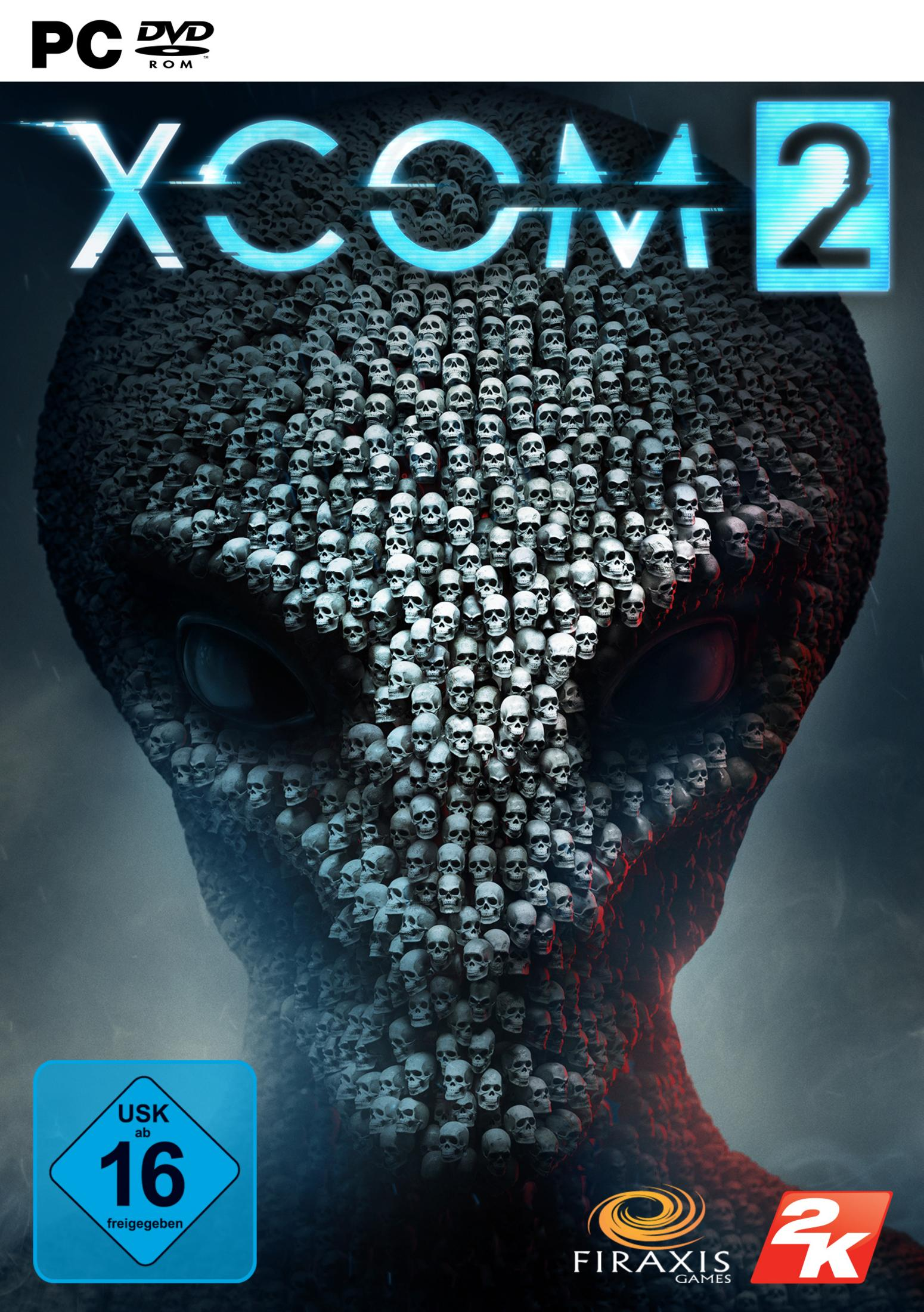 XCOM 2 PC-Spielcover. Alien-Gesicht aus Totenköpfen, mit Logo und USK 16-Rating. PC ROM DVD.