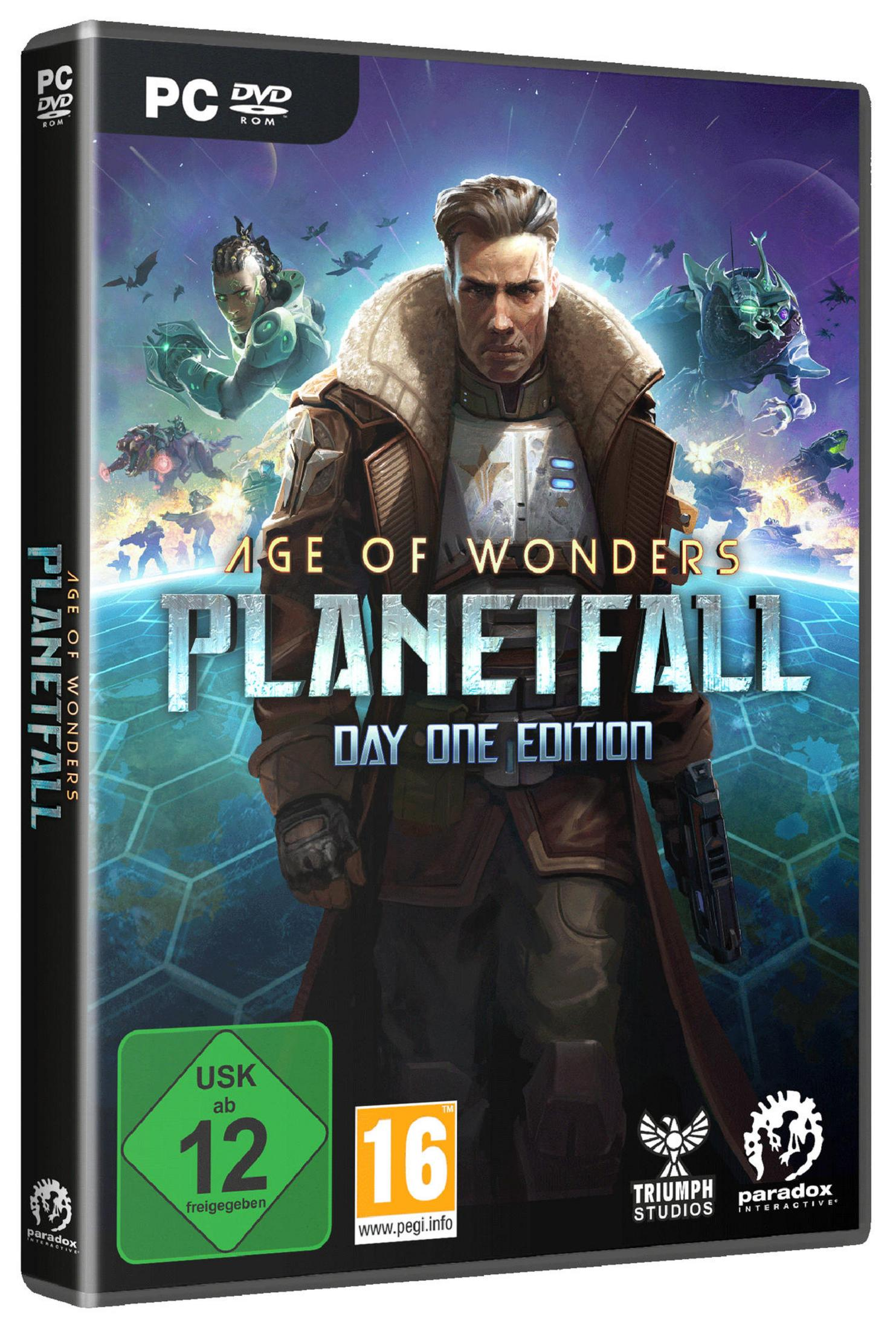 Pudełko z grą Age of Wonders: Planetfall, z osobą i cyborgiem na okładce.