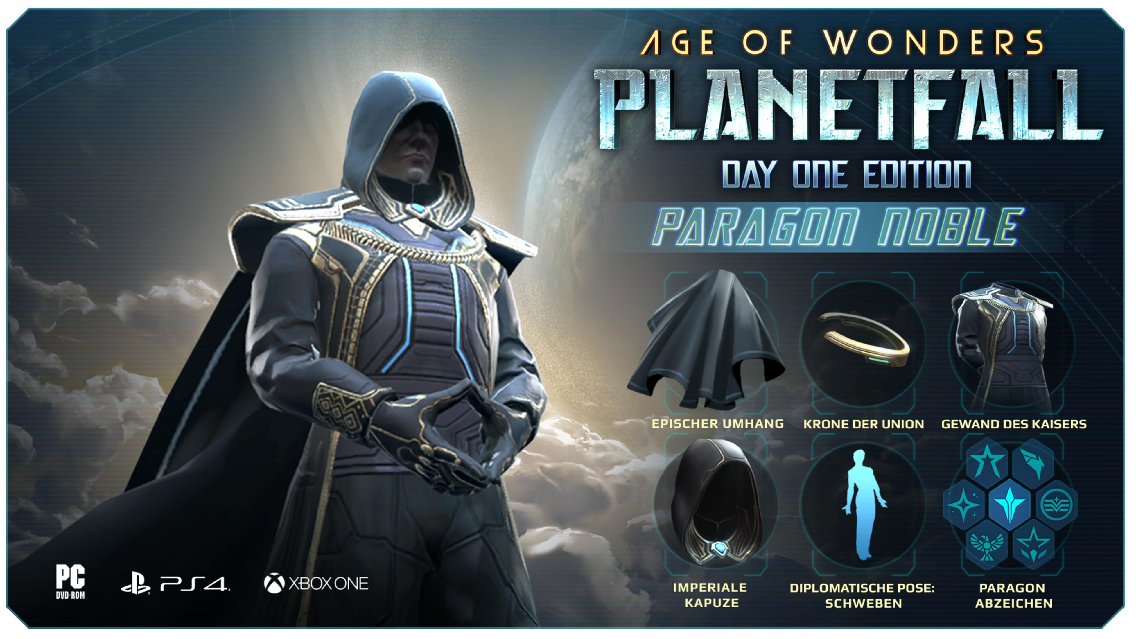 Pudełko gry Age of Wonders: Planetfall Day One Edition. Zawiera postać z peleryną.
