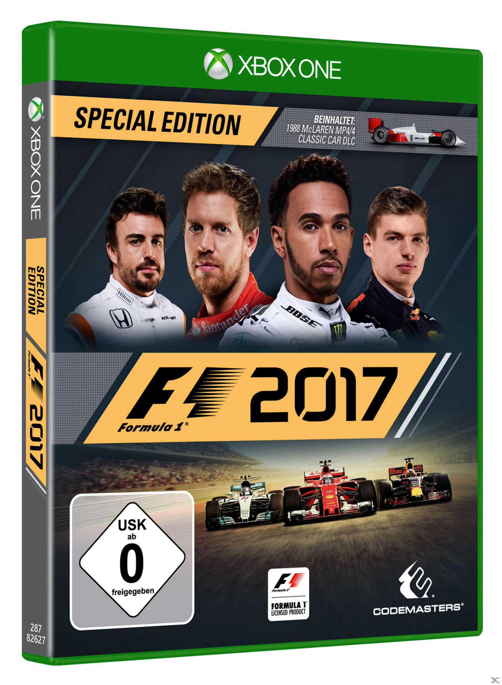 XBox One-Spielbox für F1 2017 Special Edition. Zeigt Rennfahrer und Autos.