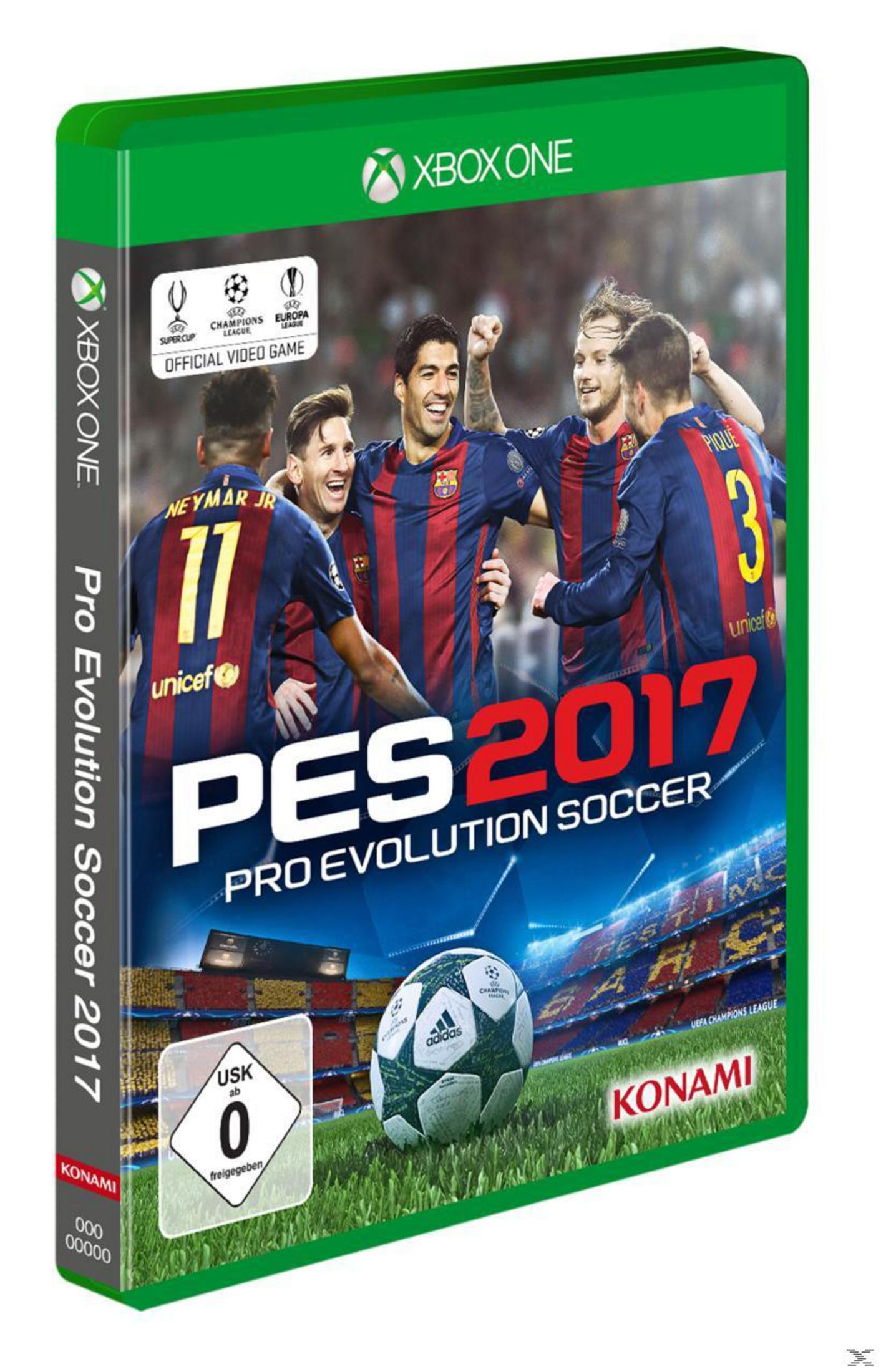 Pro Evolution Soccer 2017 Spielbox mit Spielern auf dem Cover, einem Fußball und einem Stadion.