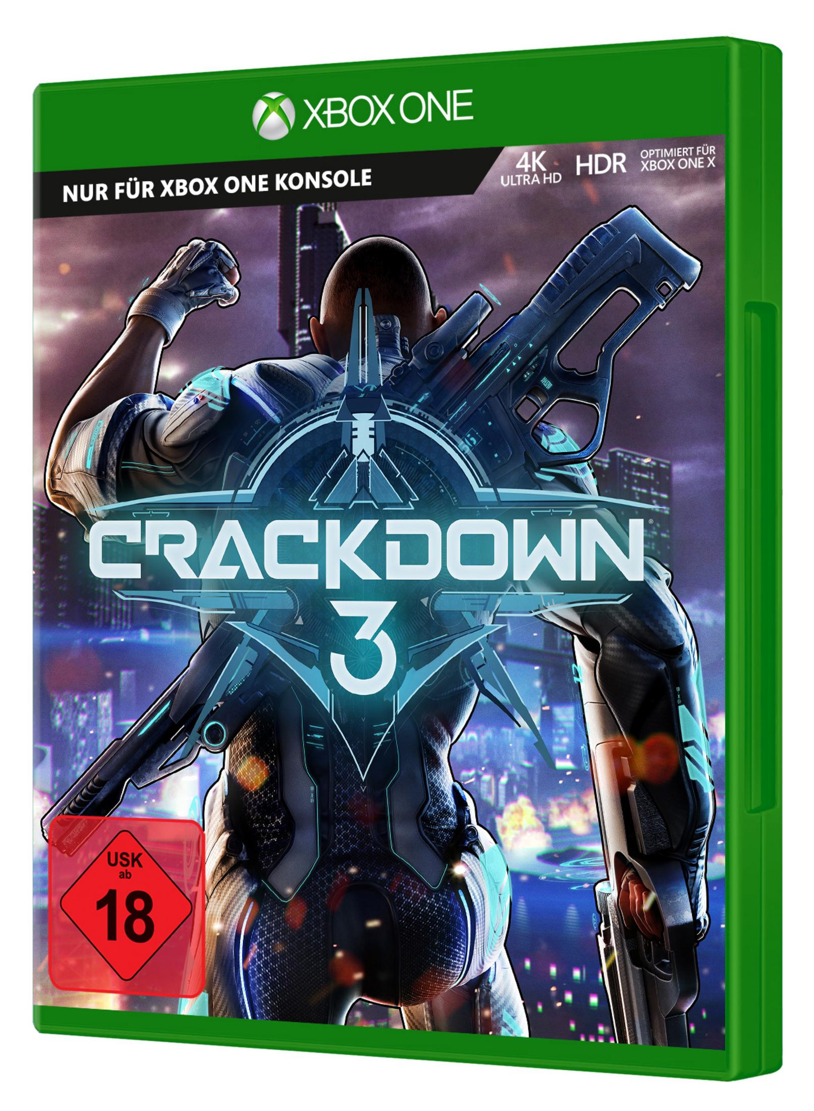 Okładka gry 'Crackdown 3'. Przedstawia futurystyczną postać z bronią i naklejką USK 18.