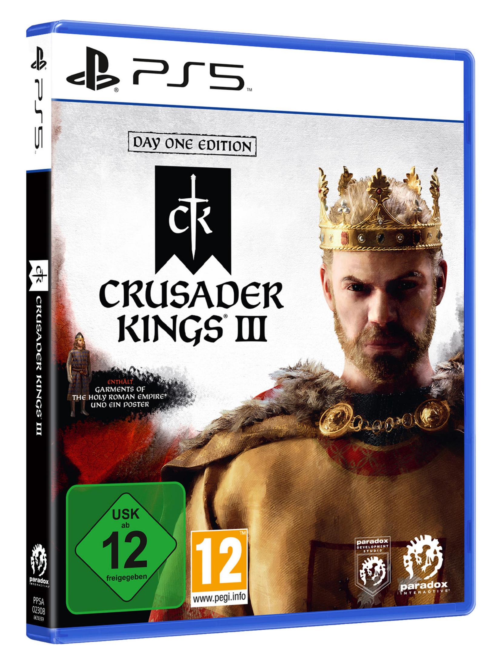 PS5-Spielbox für Crusader Kings III. Zeigt einen Mann mit Krone und ein schwarzes Logo.