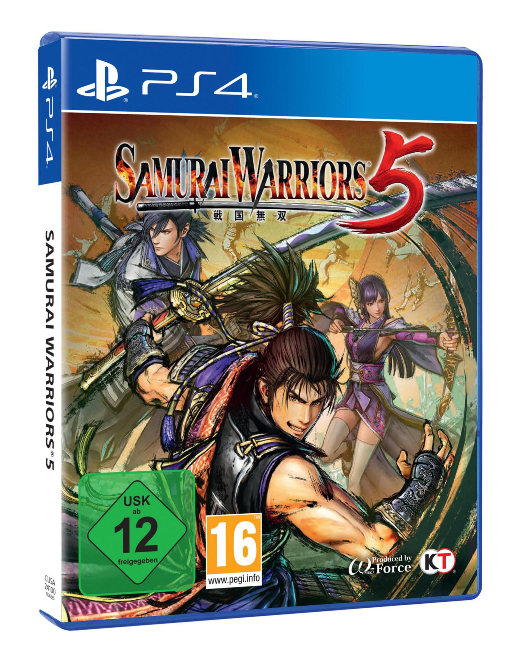 Spielbox für Samurai Warriors 5 für PS4. Das Cover zeigt Charaktere in Aktion.