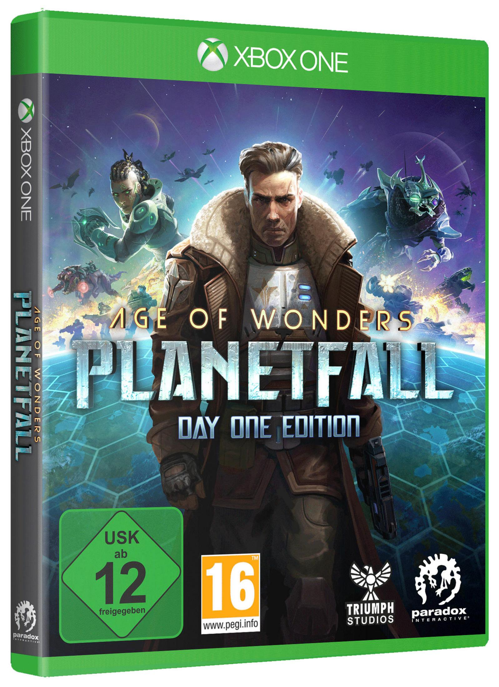 Xbox One-Spielverpackung. Das Spiel ist 'Age of Wonders: Planetfall', Day One Edition.