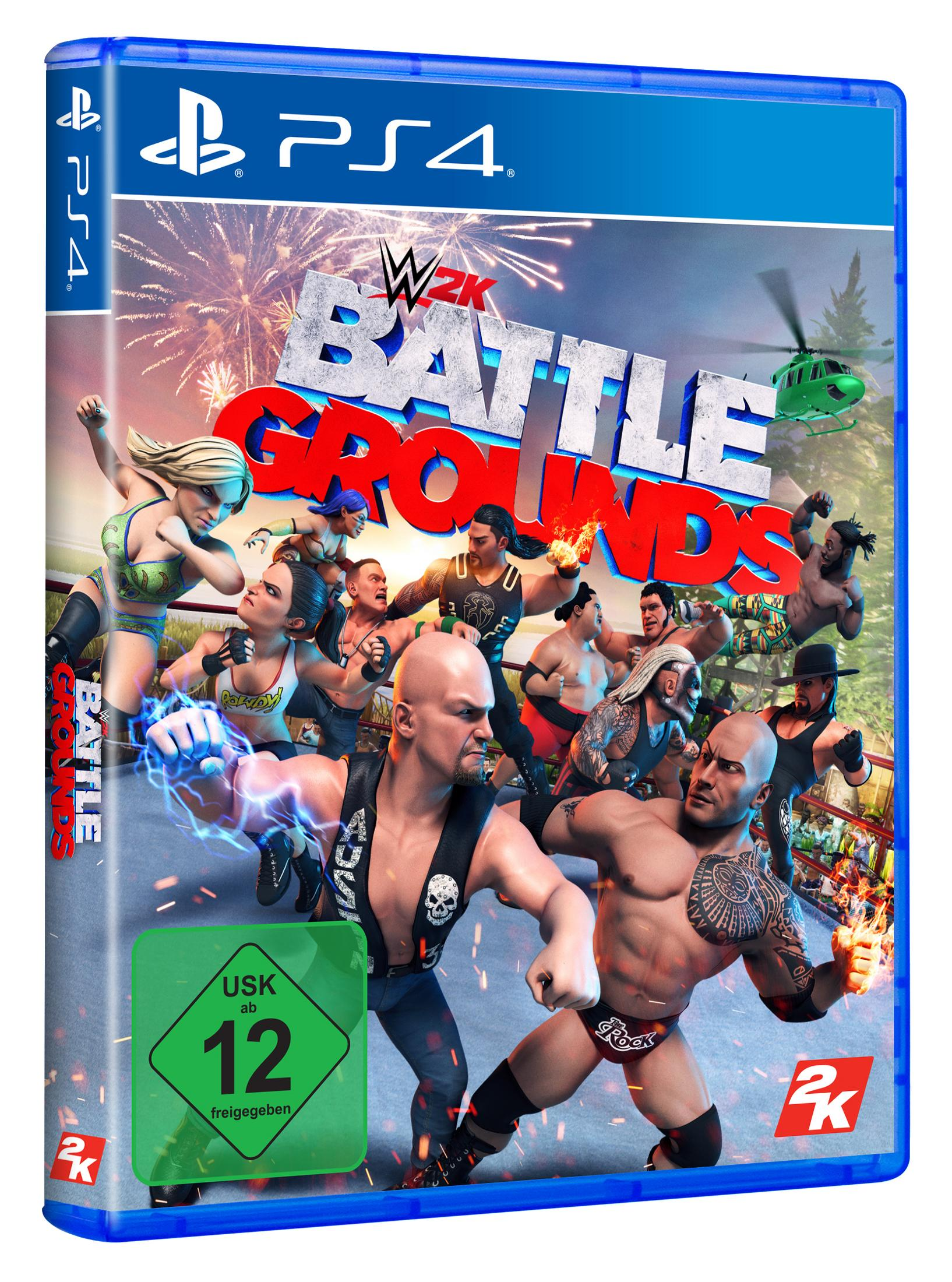 Eine PS4-Spielbox für WWE 2K Battlegrounds, die Wrestling-Figuren und einen lebendigen, farbenfrohen Hintergrund zeigt.
