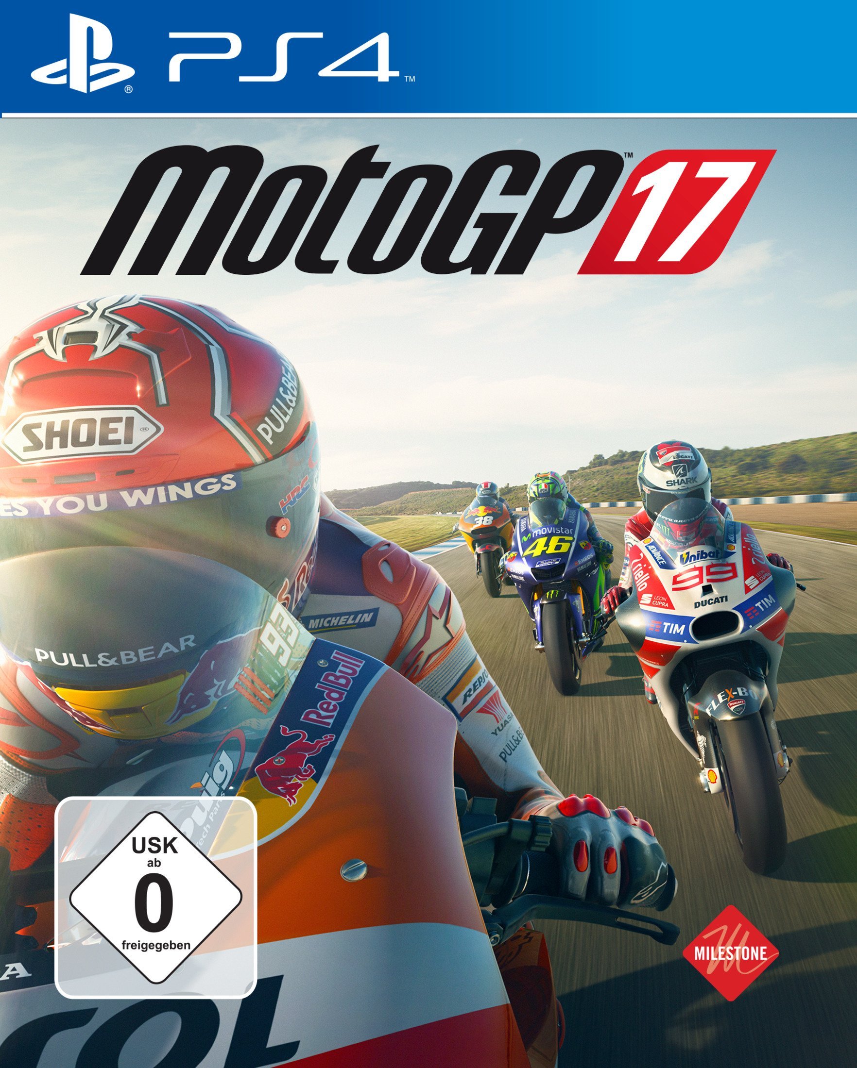 Das Cover des Spiels MotoGP 17 zeigt Rennfahrer auf Motorrädern mit Bergkulisse.