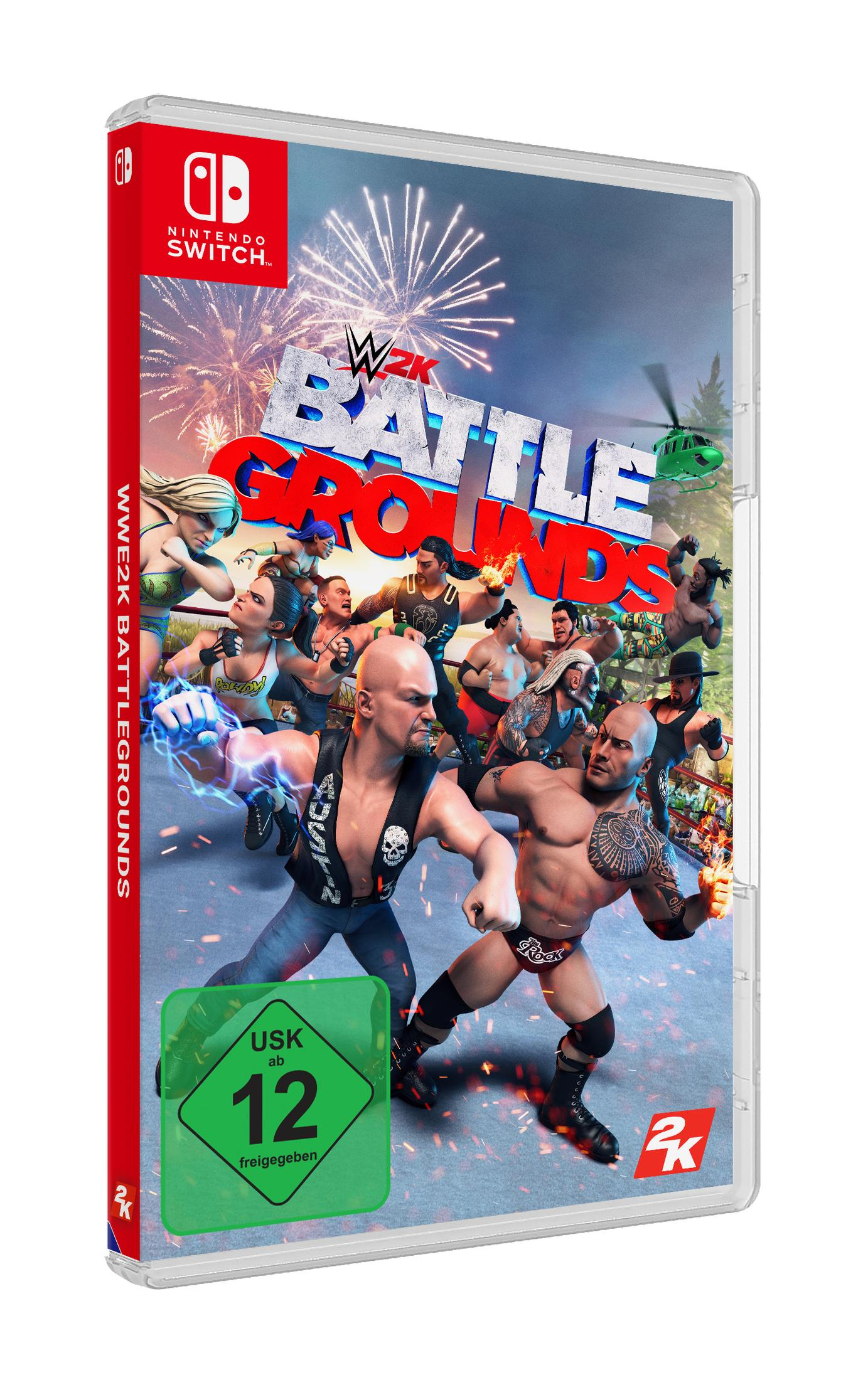 WWE 2K Battlegrounds Spielhülle. Sie zeigt Wrestler und ein grünes USK 12+-Label.